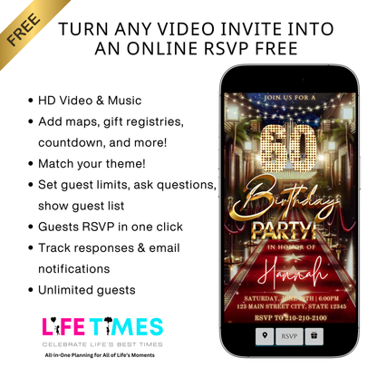 Editable hollywood red carpet 60th birthday birthday video invitation displayed on a mobile phone, featuring an animated vertical digital invite with music, created in Canva. This premium video invitation template is designed for sharing by text, email, and social media and works with an interactive RSVP website for easy guest response tracking.