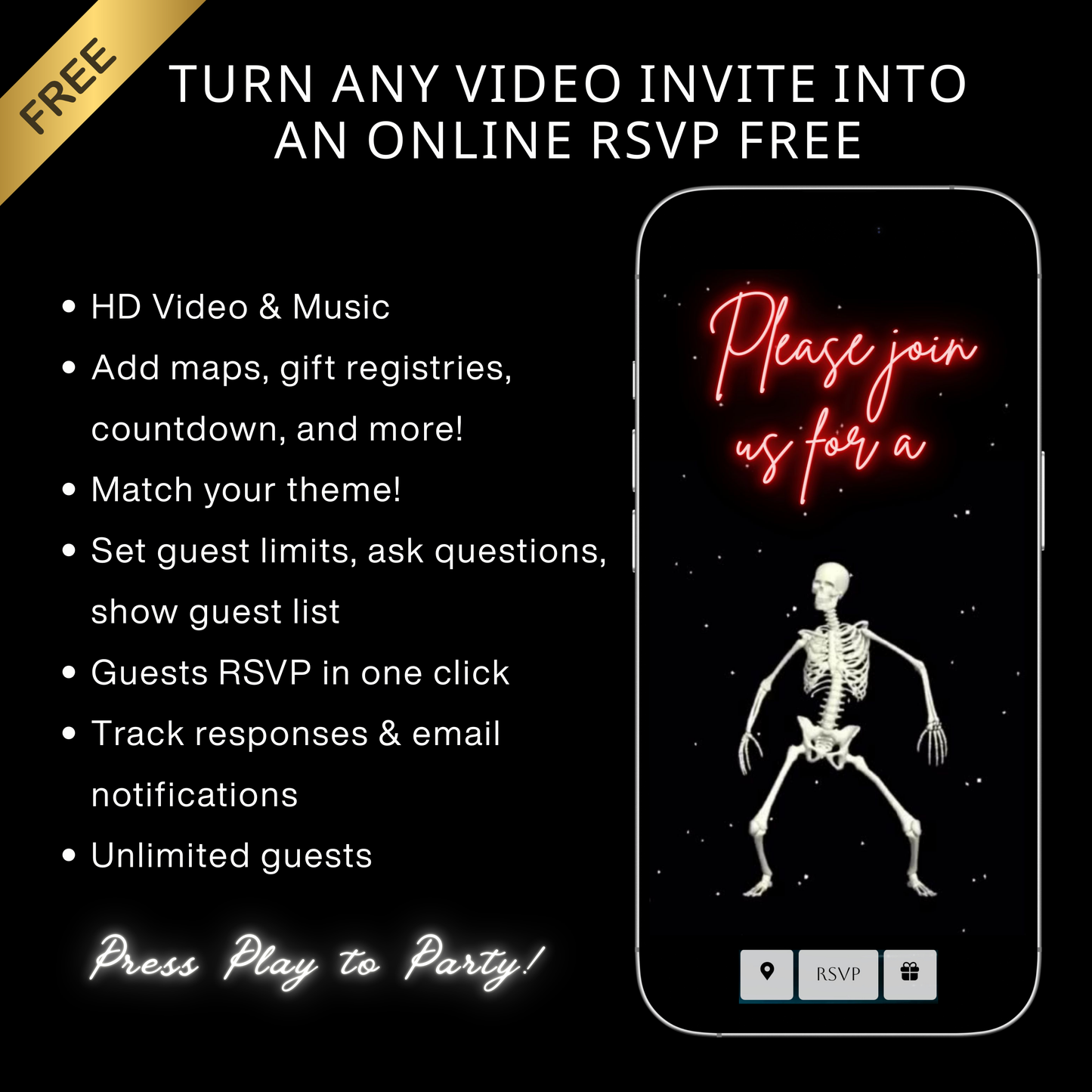 Editable neon skeleton halloween costume party party video invitation displayed on a mobile phone, featuring an animated vertical digital invite with music, created in Canva. This premium video invitation template is designed for sharing by text, email, and social media and works with an interactive RSVP website for easy guest response tracking.