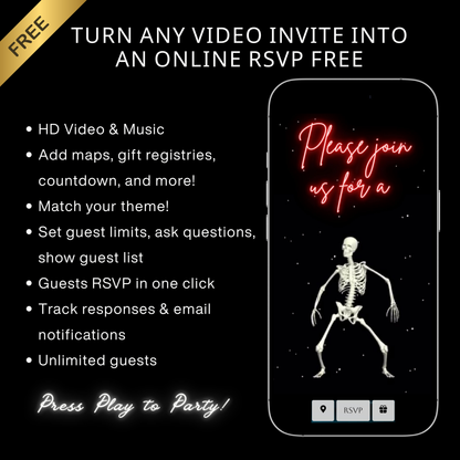 Editable neon skeleton halloween costume party party video invitation displayed on a mobile phone, featuring an animated vertical digital invite with music, created in Canva. This premium video invitation template is designed for sharing by text, email, and social media and works with an interactive RSVP website for easy guest response tracking.