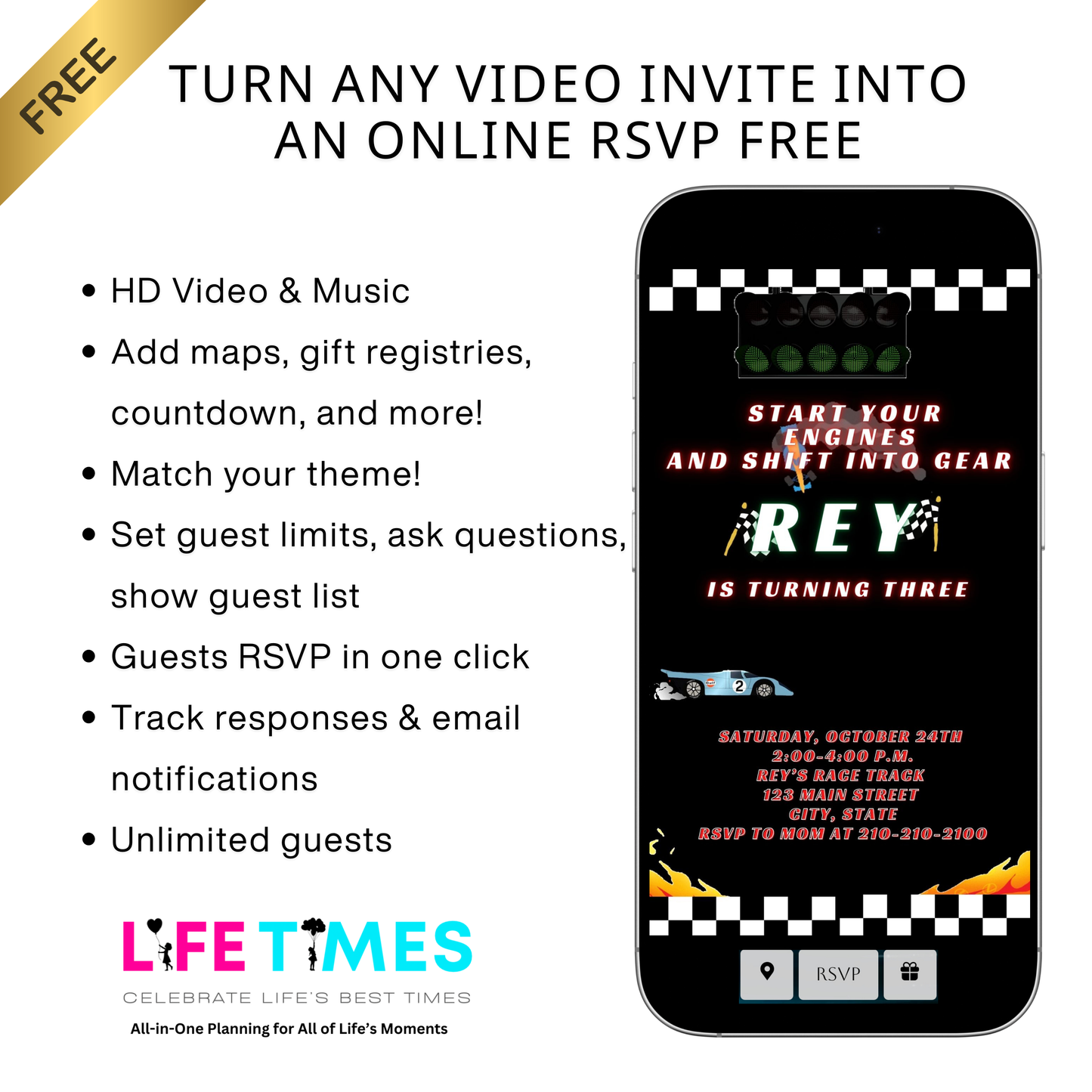 Editable race car birthday birthday video invitation displayed on a mobile phone, featuring an animated vertical digital invite with music, created in Canva. This premium video invitation template is designed for sharing by text, email, and social media and works with an interactive RSVP website for easy guest response tracking.