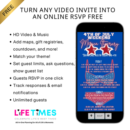 Editable patriotic 4th of july weekend party party video invitation displayed on a mobile phone, featuring an animated vertical digital invite with music, created in Canva. This premium video invitation template is designed for sharing by text, email, and social media and works with an interactive RSVP website for easy guest response tracking.