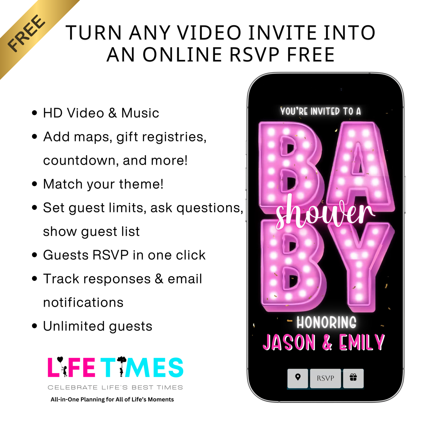 Editable pink neon baby shower baby shower video invitation displayed on a mobile phone, featuring an animated vertical digital invite with music, created in Canva. This premium video invitation template is designed for sharing by text, email, and social media and works with an interactive RSVP website for easy guest response tracking.