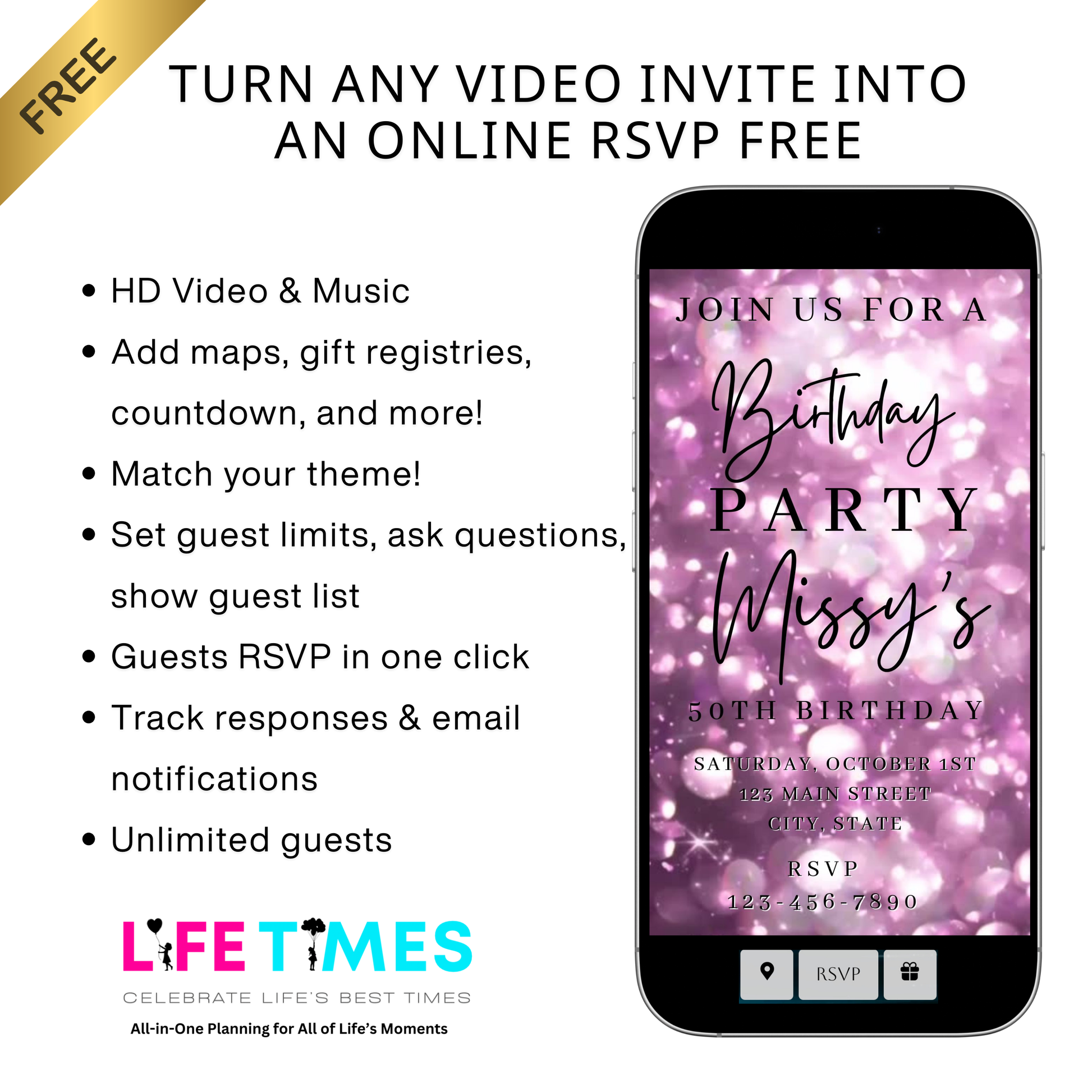 Editable lavender bokeh 50th birthday birthday video invitation displayed on a mobile phone, featuring an animated vertical digital invite with music, created in Canva. This premium video invitation template is designed for sharing by text, email, and social media and works with an interactive RSVP website for easy guest response tracking.