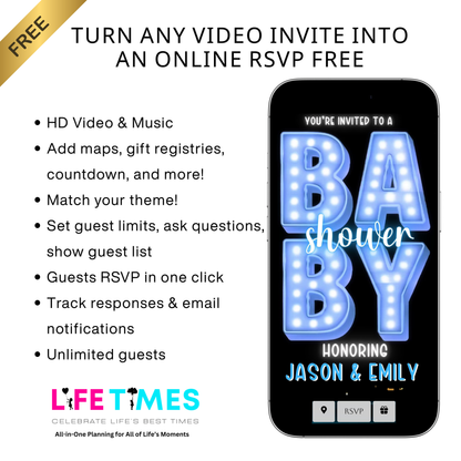 Editable blue marquee boy baby shower baby shower video invitation displayed on a mobile phone, featuring an animated vertical digital invite with music, created in Canva. This premium video invitation template is designed for sharing by text, email, and social media and works with an interactive RSVP website for easy guest response tracking.