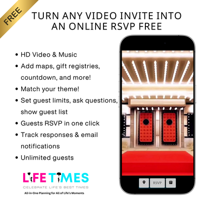 Editable hollywood red carpet 50th birthday birthday video invitation displayed on a mobile phone, featuring an animated vertical digital invite with music, created in Canva. This premium video invitation template is designed for sharing by text, email, and social media and works with an interactive RSVP website for easy guest response tracking.