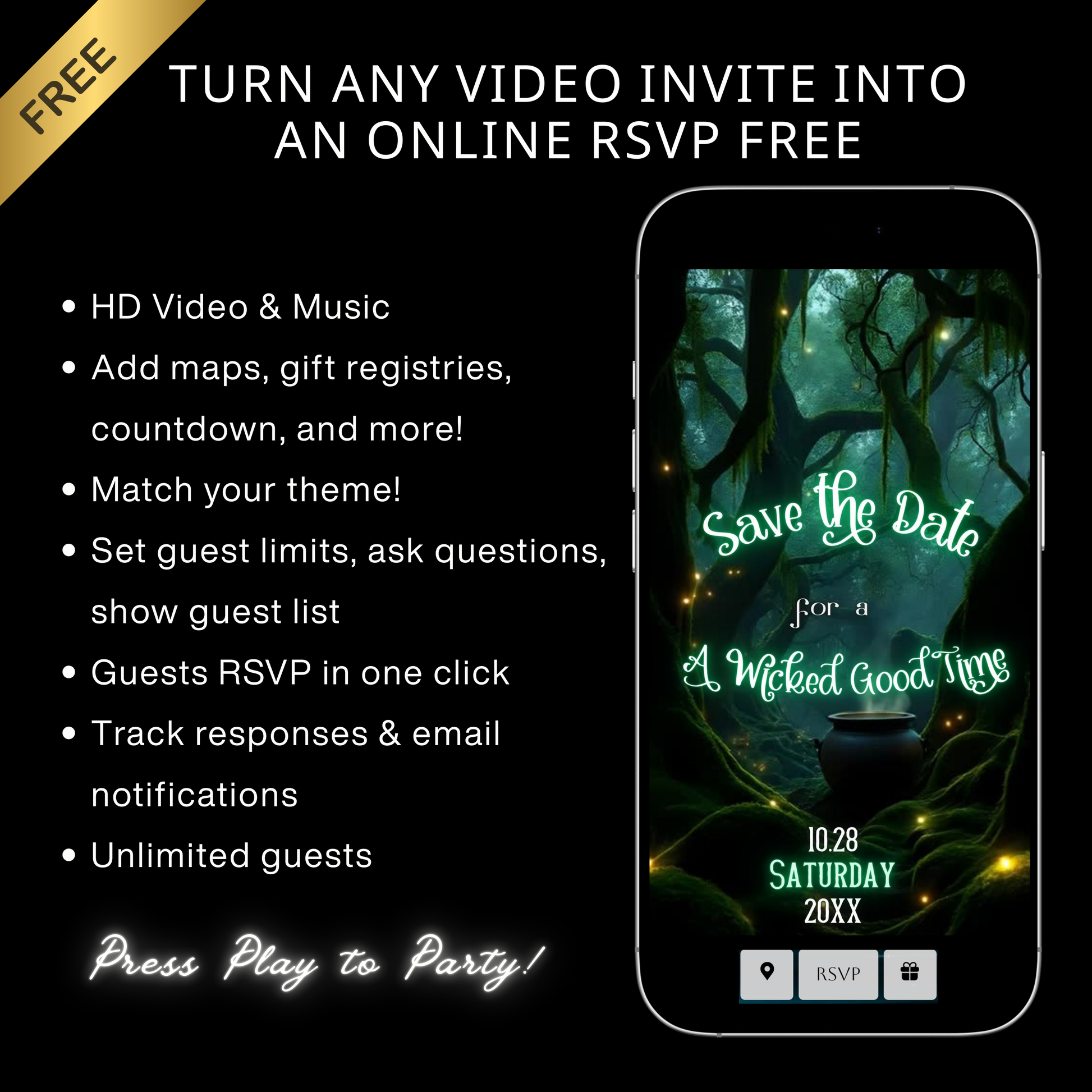 Editable abracadabra halloween party party video invitation displayed on a mobile phone, featuring an animated vertical digital invite with music, created in Canva. This premium video invitation template is designed for sharing by text, email, and social media and works with an interactive RSVP website for easy guest response tracking.