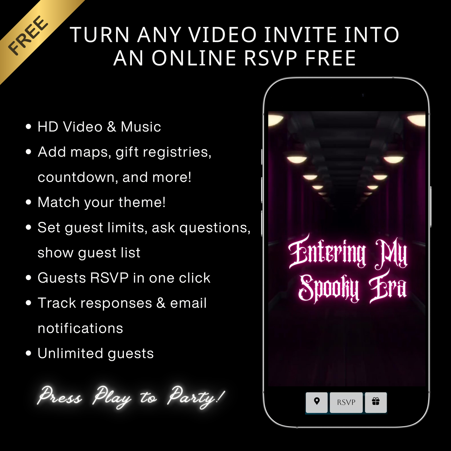 Editable halloween era party party video invitation displayed on a mobile phone, featuring an animated vertical digital invite with music, created in Canva. This premium video invitation template is designed for sharing by text, email, and social media and works with an interactive RSVP website for easy guest response tracking.