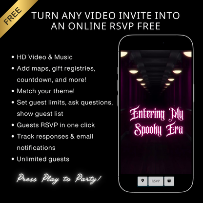 Editable halloween era party party video invitation displayed on a mobile phone, featuring an animated vertical digital invite with music, created in Canva. This premium video invitation template is designed for sharing by text, email, and social media and works with an interactive RSVP website for easy guest response tracking.