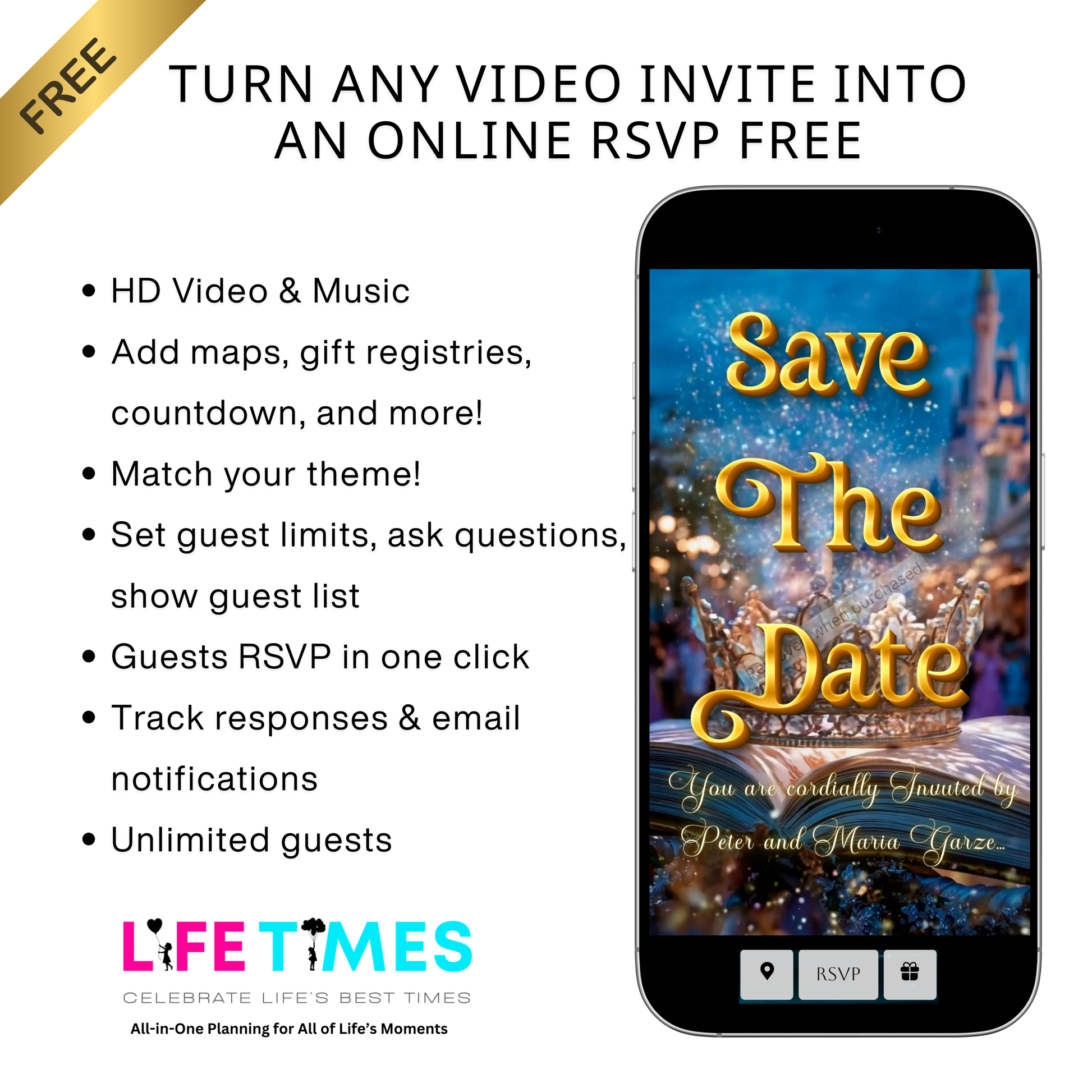 Editable beauty and the beast fairytale quinceañera event video invitation displayed on a mobile phone, featuring an animated vertical digital invite with music, created in Canva. This premium video invitation template is designed for sharing by text, email, and social media and works with an interactive RSVP website for easy guest response tracking.