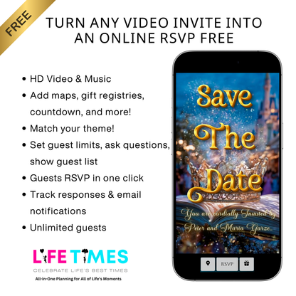 Editable beauty and the beast fairytale quinceañera event video invitation displayed on a mobile phone, featuring an animated vertical digital invite with music, created in Canva. This premium video invitation template is designed for sharing by text, email, and social media and works with an interactive RSVP website for easy guest response tracking.