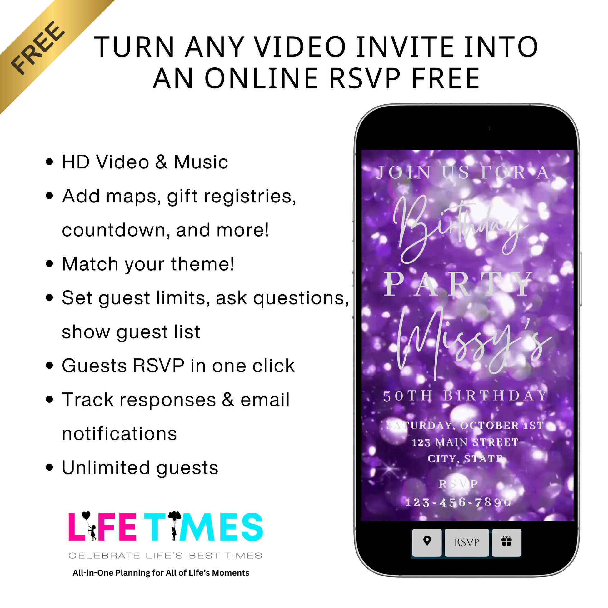 Editable purple bokeh 50th birthday birthday video invitation displayed on a mobile phone, featuring an animated vertical digital invite with music, created in Canva. This premium video invitation template is designed for sharing by text, email, and social media and works with an interactive RSVP website for easy guest response tracking.