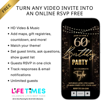 Editable black gold sparkle 60th birthday birthday video invitation displayed on a mobile phone, featuring an animated vertical digital invite with music, created in Canva. This premium video invitation template is designed for sharing by text, email, and social media and works with an interactive RSVP website for easy guest response tracking.