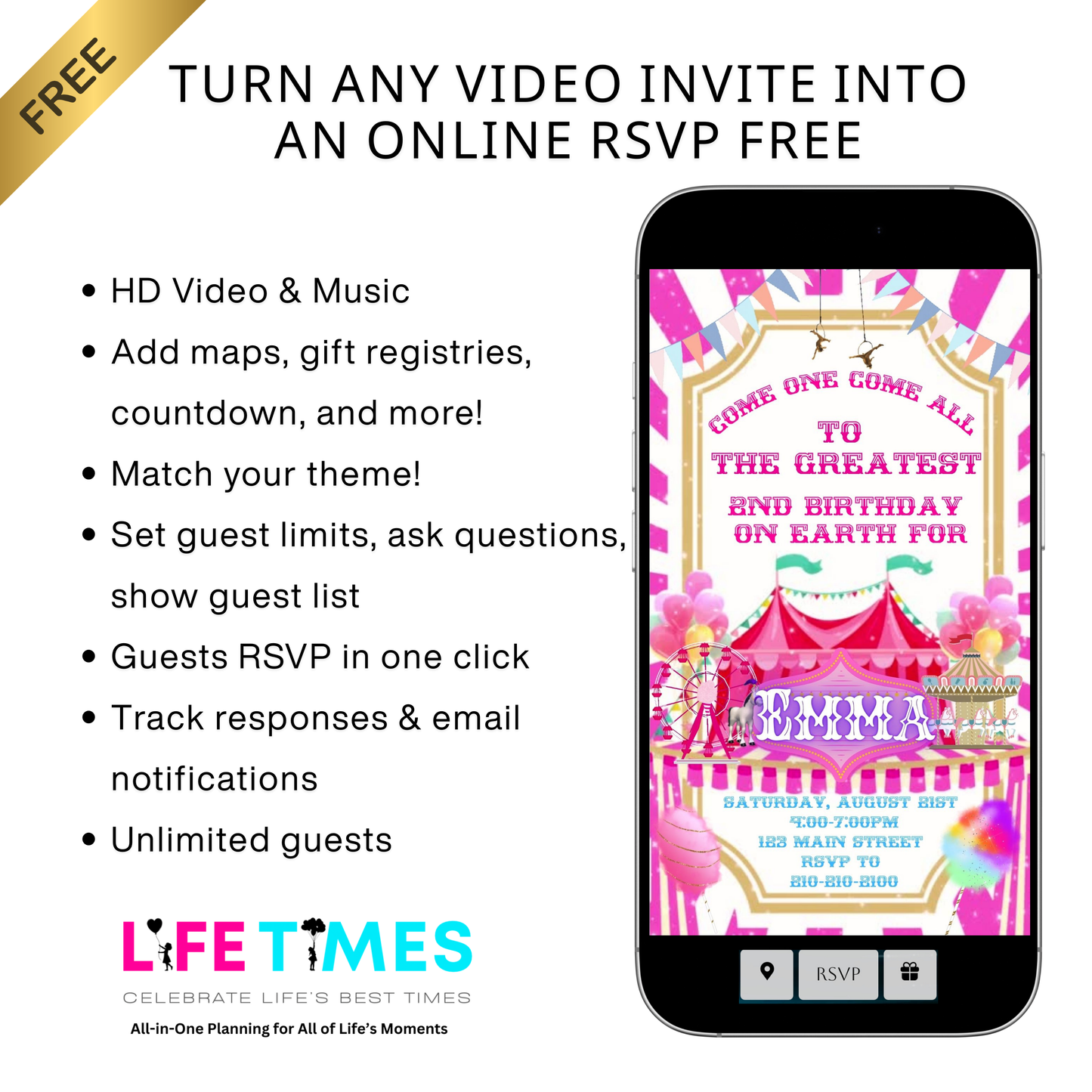 Editable pink circus 2nd birthday birthday video invitation displayed on a mobile phone, featuring an animated vertical digital invite with music, created in Canva. This premium video invitation template is designed for sharing by text, email, and social media and works with an interactive RSVP website for easy guest response tracking.