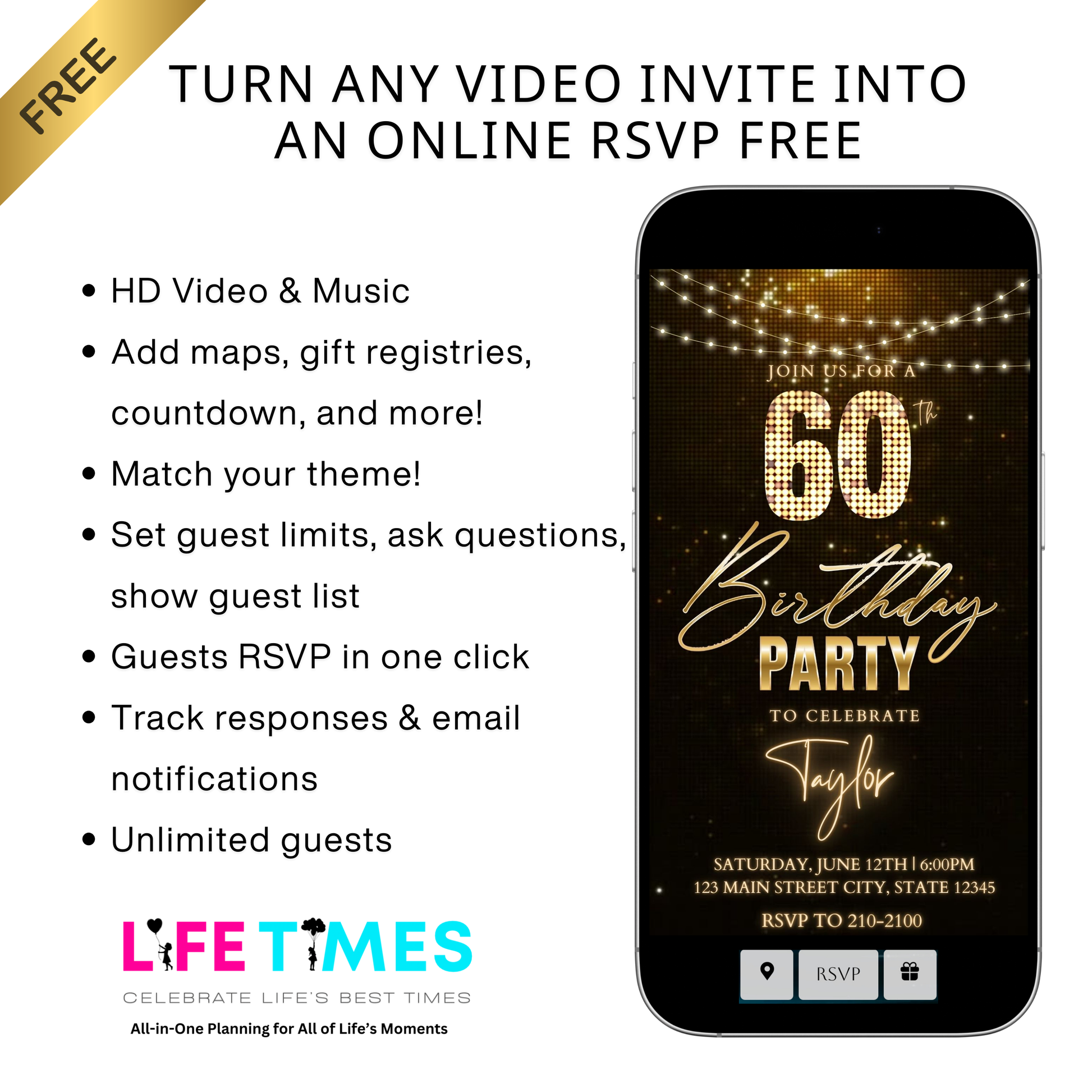 Editable bronze glitter 60th birthday birthday video invitation displayed on a mobile phone, featuring an animated vertical digital invite with music, created in Canva. This premium video invitation template is designed for sharing by text, email, and social media and works with an interactive RSVP website for easy guest response tracking.