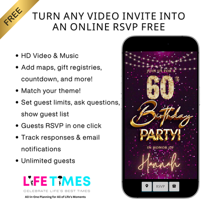 Editable violet gold sequin 60th birthday birthday video invitation displayed on a mobile phone, featuring an animated vertical digital invite with music, created in Canva. This premium video invitation template is designed for sharing by text, email, and social media and works with an interactive RSVP website for easy guest response tracking.