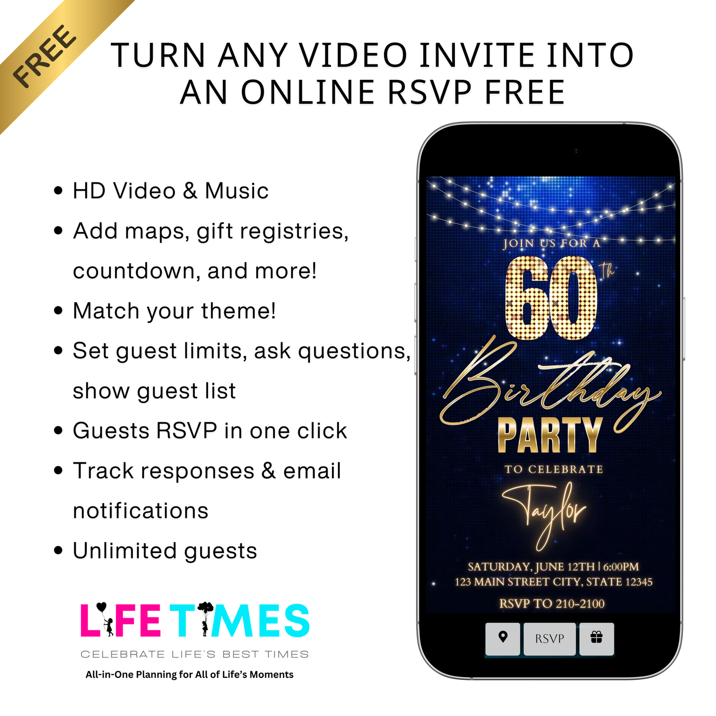 Editable royal blue gold sparkle 60th birthday birthday video invitation displayed on a mobile phone, featuring an animated vertical digital invite with music, created in Canva. This premium video invitation template is designed for sharing by text, email, and social media and works with an interactive RSVP website for easy guest response tracking.