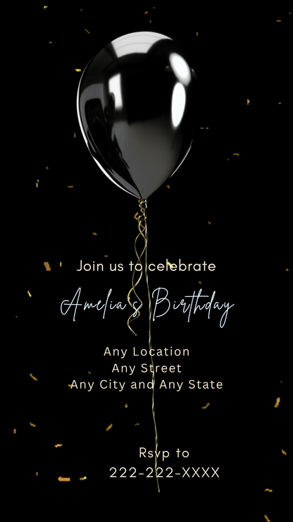 Elegant Balloon Birthday Party Video Invitation – Gold Confetti Animated Evite WhatsApp Video