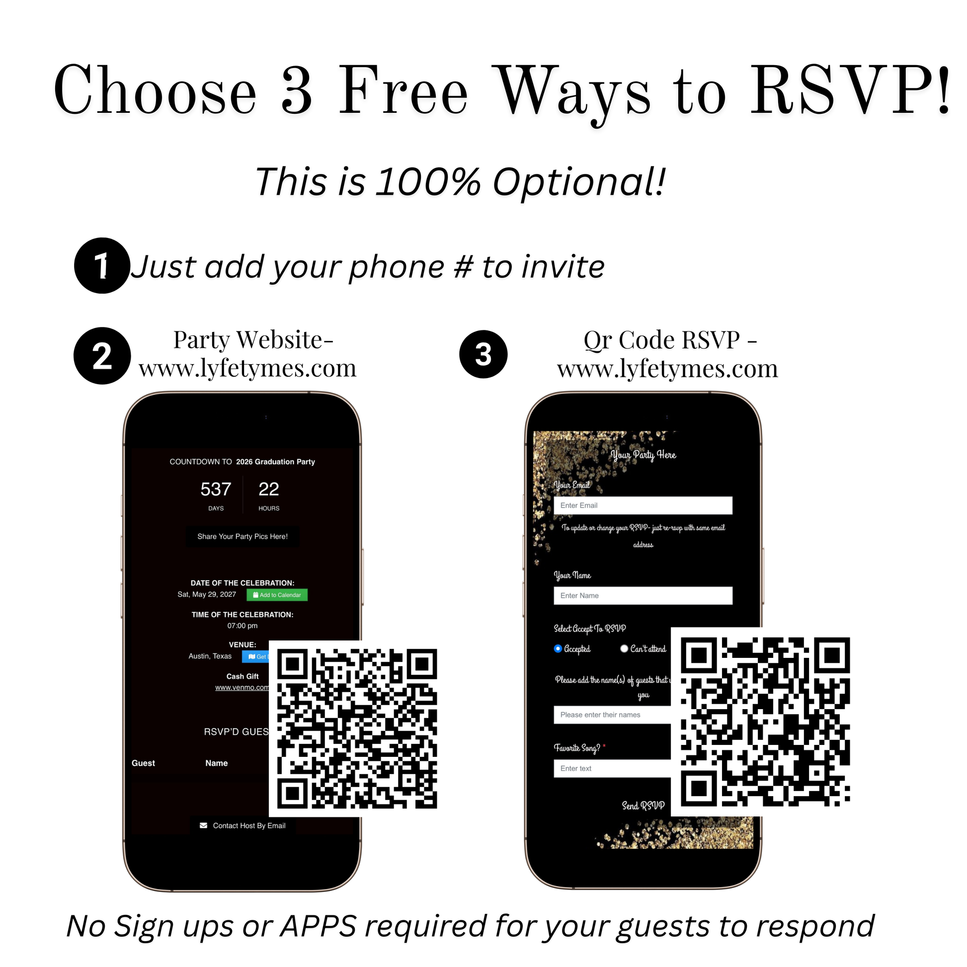 Editable gold fireworks 50th birthday party video invitation displayed on a mobile phone, featuring an animated vertical digital invite with music, created in Canva. This premium video invitation template is designed for sharing by text, email, and social media and works with an interactive RSVP website for easy guest response tracking.