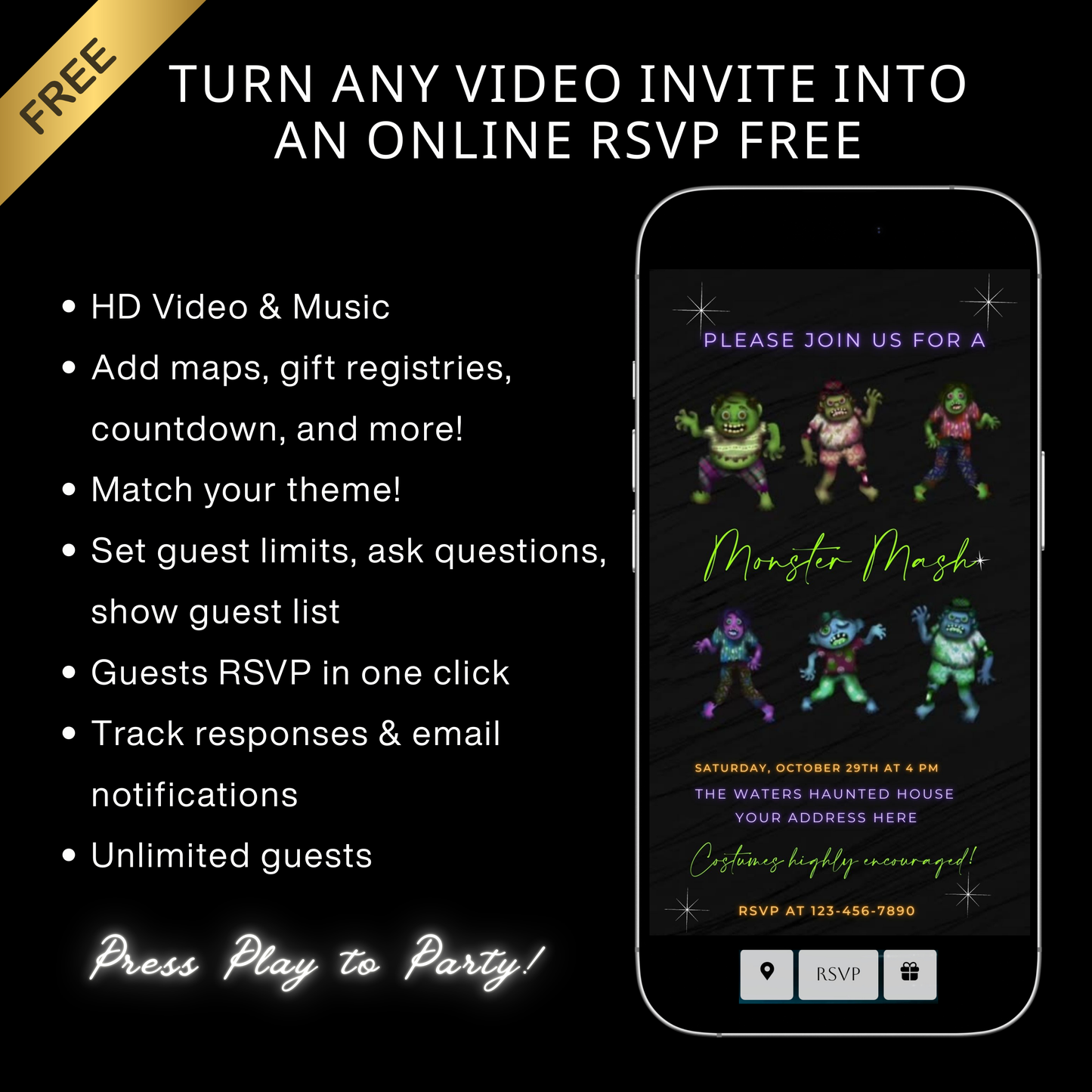 Editable monster mash halloween party party video invitation displayed on a mobile phone, featuring an animated vertical digital invite with music, created in Canva. This premium video invitation template is designed for sharing by text, email, and social media and works with an interactive RSVP website for easy guest response tracking.