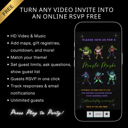 Editable monster mash halloween party party video invitation displayed on a mobile phone, featuring an animated vertical digital invite with music, created in Canva. This premium video invitation template is designed for sharing by text, email, and social media and works with an interactive RSVP website for easy guest response tracking.