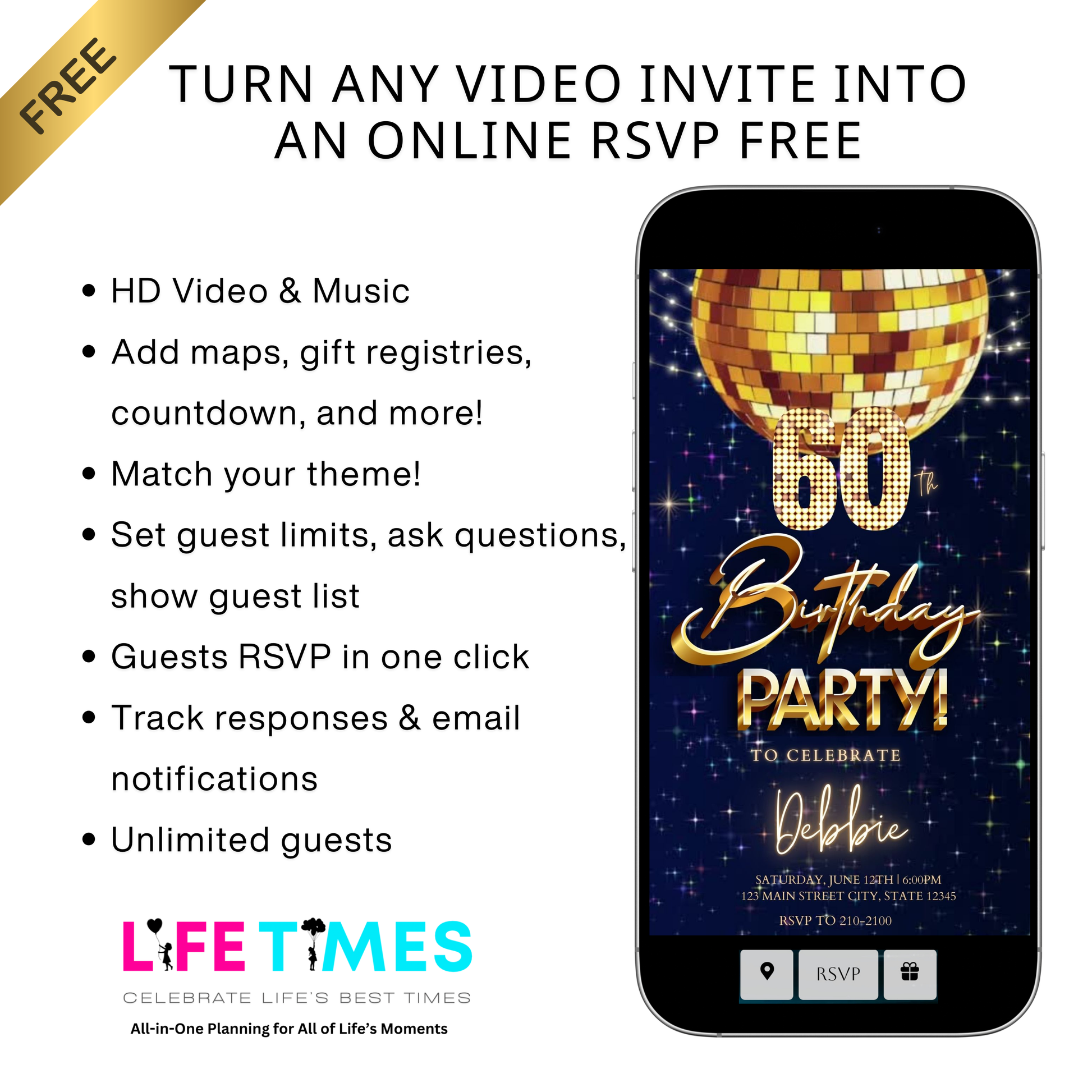 Editable retro disco ball 60th birthday birthday video invitation displayed on a mobile phone, featuring an animated vertical digital invite with music, created in Canva. This premium video invitation template is designed for sharing by text, email, and social media and works with an interactive RSVP website for easy guest response tracking.