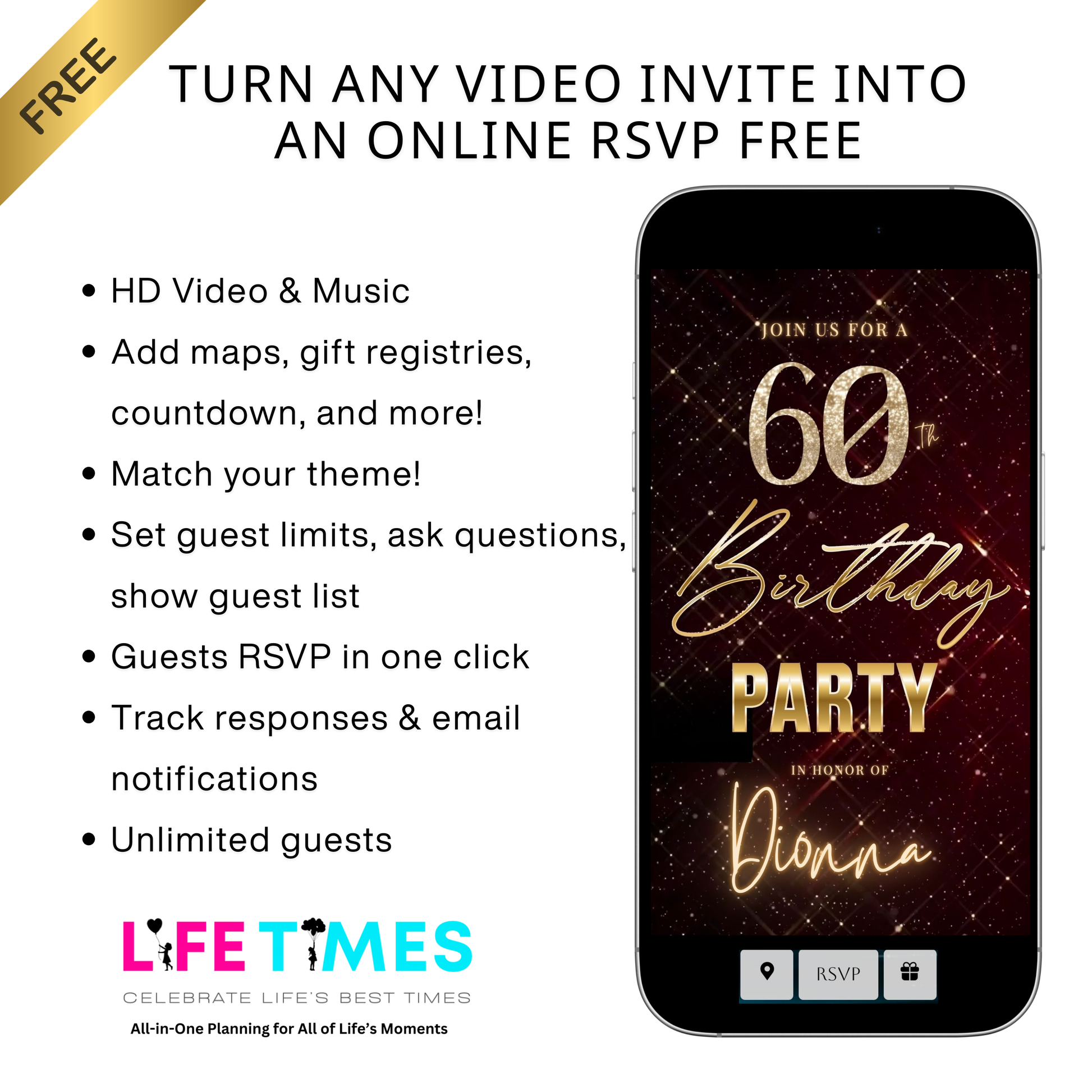 Editable maroon gold elegant 60th birthday birthday video invitation displayed on a mobile phone, featuring an animated vertical digital invite with music, created in Canva. This premium video invitation template is designed for sharing by text, email, and social media and works with an interactive RSVP website for easy guest response tracking.