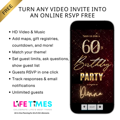 Editable maroon gold elegant 60th birthday birthday video invitation displayed on a mobile phone, featuring an animated vertical digital invite with music, created in Canva. This premium video invitation template is designed for sharing by text, email, and social media and works with an interactive RSVP website for easy guest response tracking.