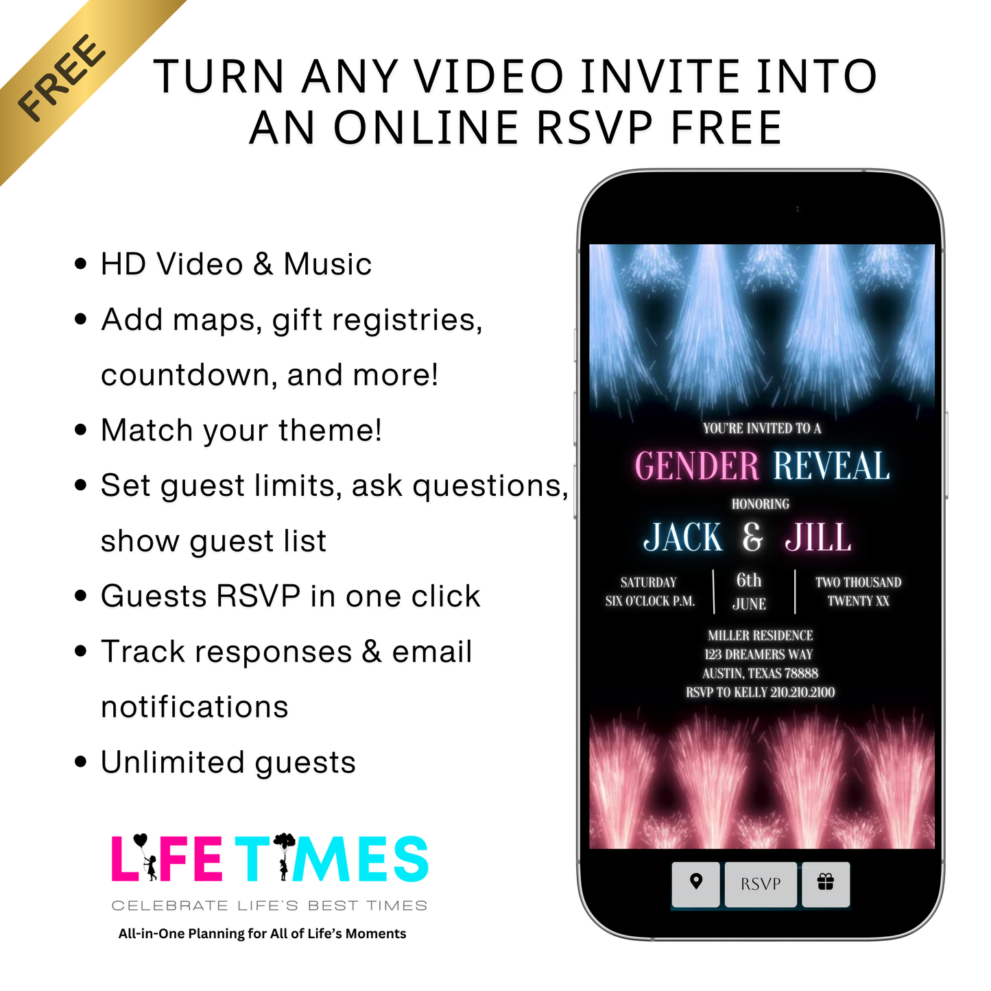 Editable fireworks gender reveal event video invitation displayed on a mobile phone, featuring an animated vertical digital invite with music, created in Canva. This premium video invitation template is designed for sharing by text, email, and social media and works with an interactive RSVP website for easy guest response tracking.