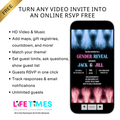 Editable fireworks gender reveal event video invitation displayed on a mobile phone, featuring an animated vertical digital invite with music, created in Canva. This premium video invitation template is designed for sharing by text, email, and social media and works with an interactive RSVP website for easy guest response tracking.