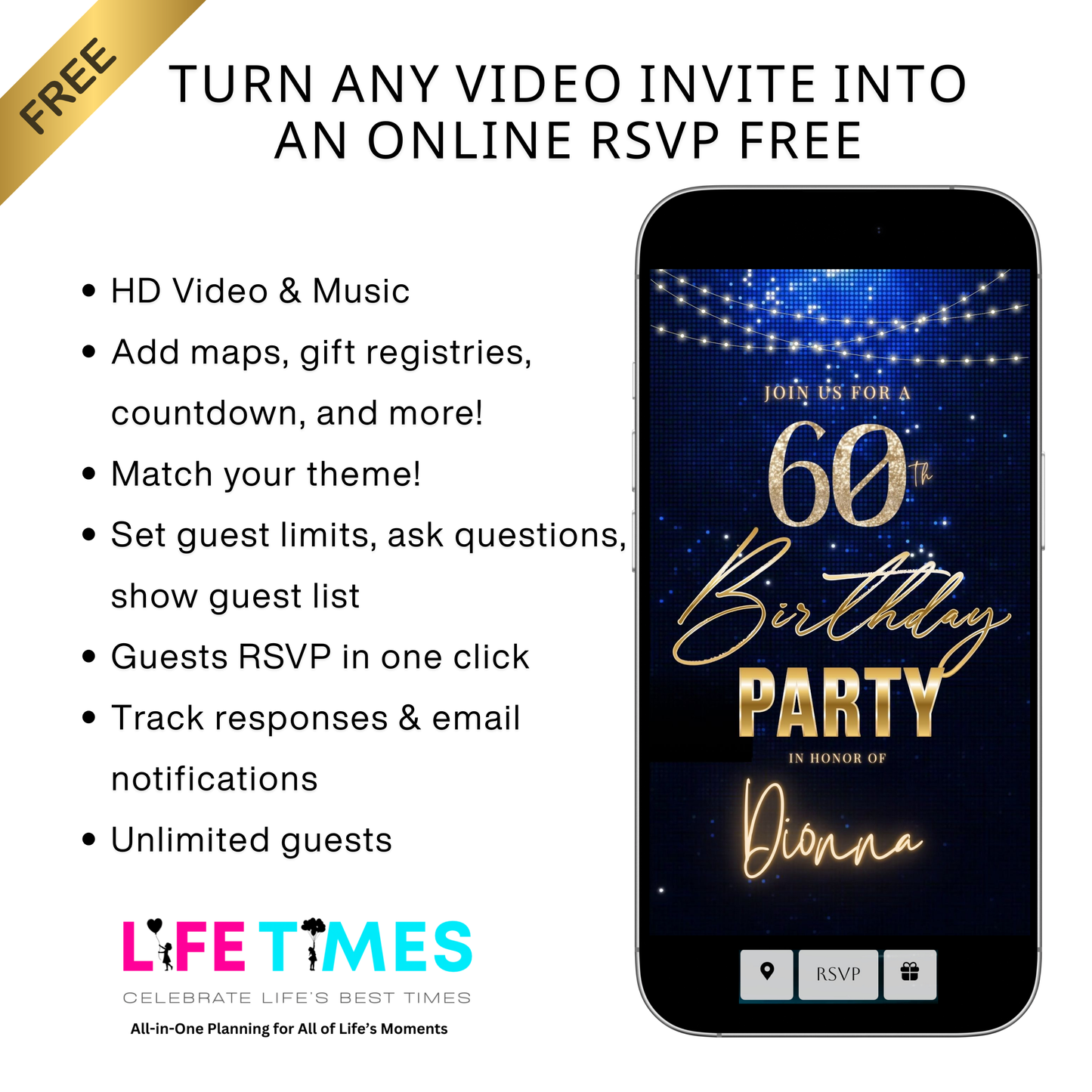 Editable royal blue gold elegant 60th birthday birthday video invitation displayed on a mobile phone, featuring an animated vertical digital invite with music, created in Canva. This premium video invitation template is designed for sharing by text, email, and social media and works with an interactive RSVP website for easy guest response tracking.