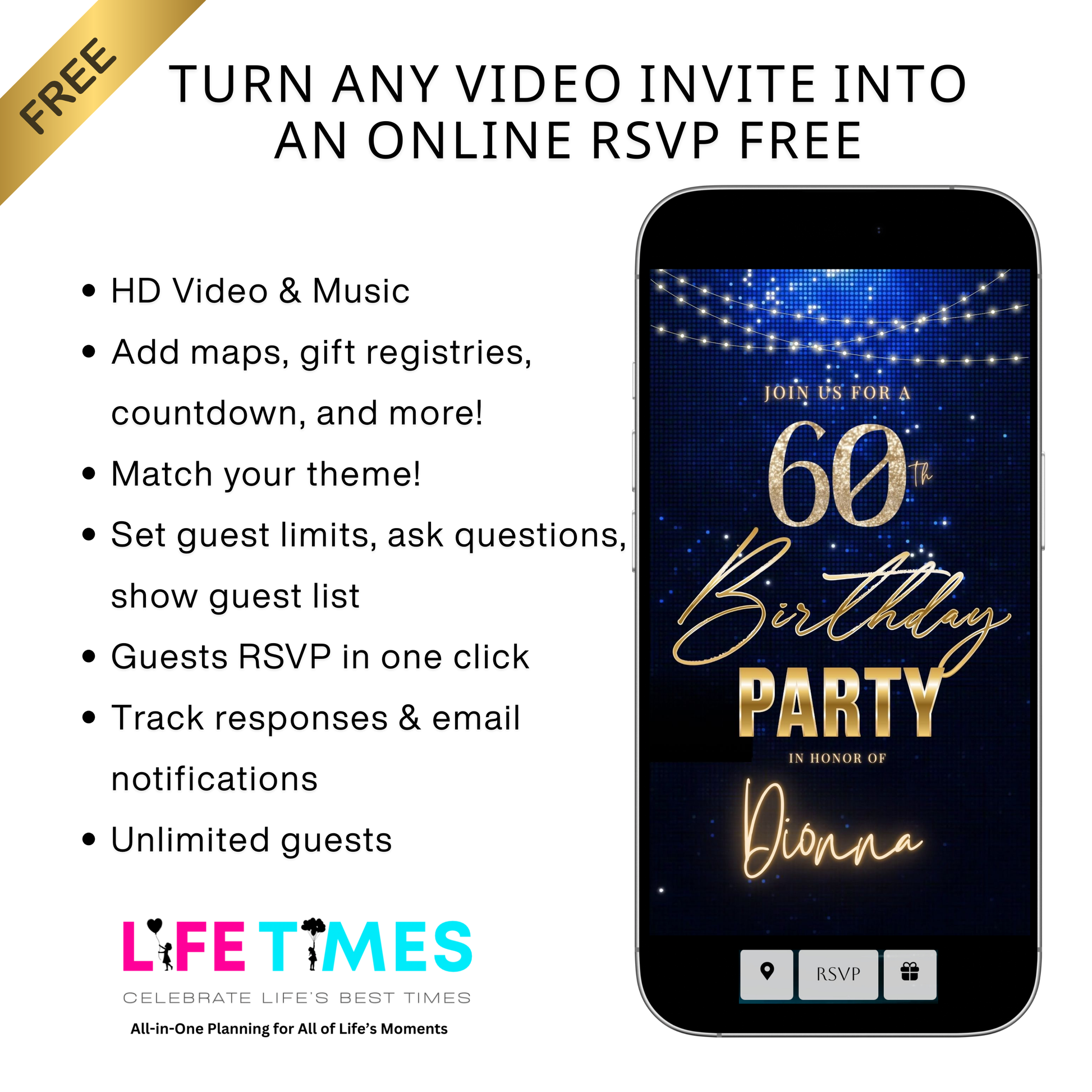 Editable royal blue gold elegant 60th birthday birthday video invitation displayed on a mobile phone, featuring an animated vertical digital invite with music, created in Canva. This premium video invitation template is designed for sharing by text, email, and social media and works with an interactive RSVP website for easy guest response tracking.