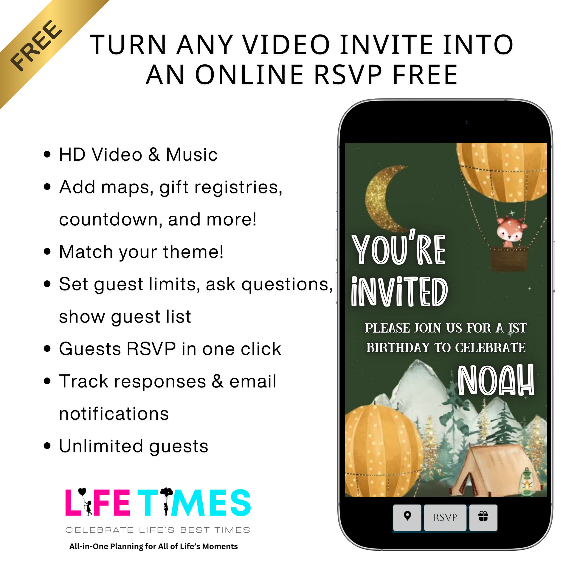 Editable woodland camping 1st birthday birthday video invitation displayed on a mobile phone, featuring an animated vertical digital invite with music, created in Canva. This premium video invitation template is designed for sharing by text, email, and social media and works with an interactive RSVP website for easy guest response tracking.
