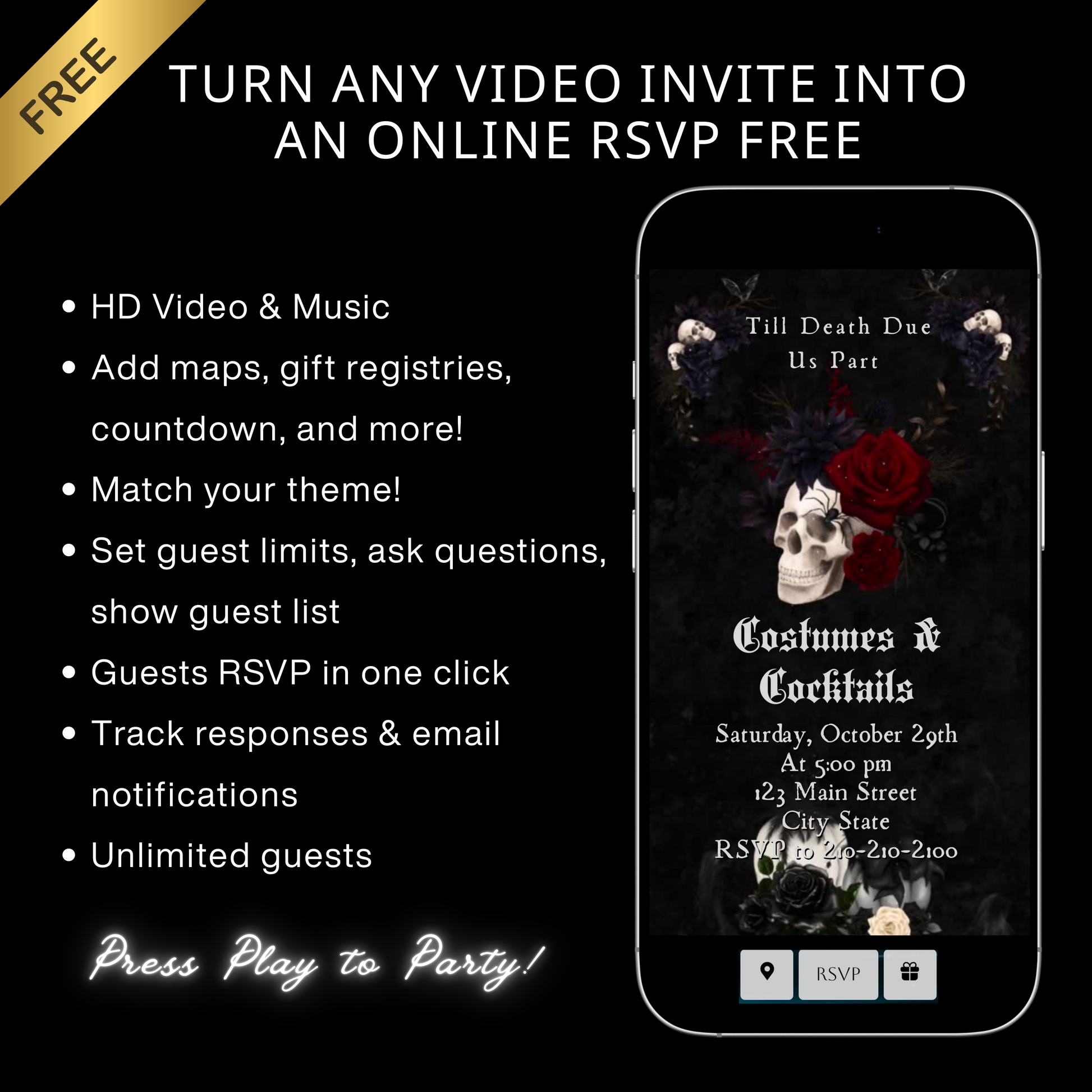 Editable gothic halloween wedding party wedding video invitation displayed on a mobile phone, featuring an animated vertical digital invite with music, created in Canva. This premium video invitation template is designed for sharing by text, email, and social media and works with an interactive RSVP website for easy guest response tracking.
