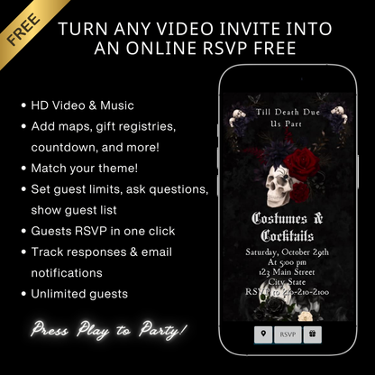 Editable gothic halloween wedding party wedding video invitation displayed on a mobile phone, featuring an animated vertical digital invite with music, created in Canva. This premium video invitation template is designed for sharing by text, email, and social media and works with an interactive RSVP website for easy guest response tracking.