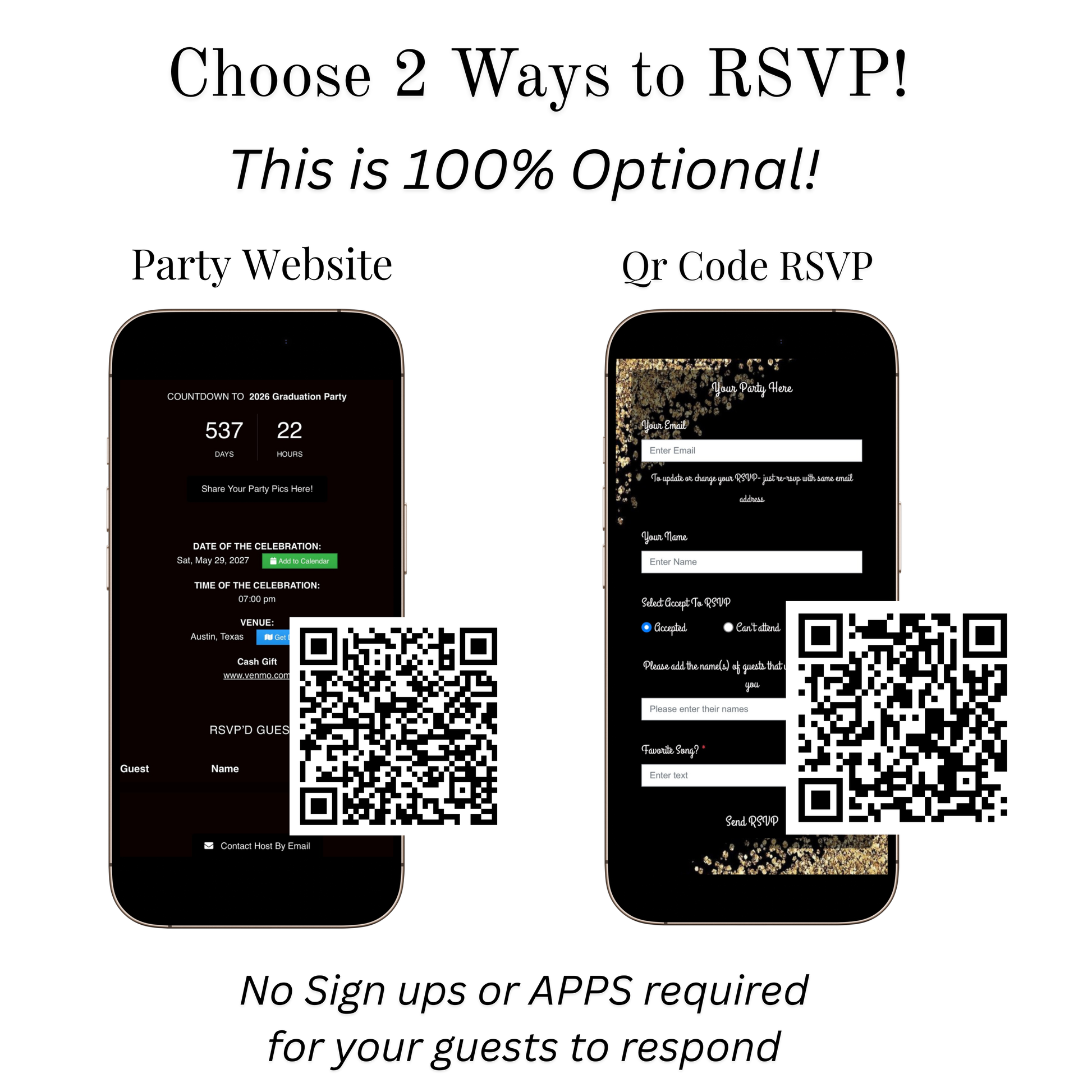 Editable black gold glam 50th birthday video invitation displayed on a mobile phone, featuring an animated vertical digital invite with music, created in Canva. This premium video invitation template is designed for sharing by text, email, and social media and works with an interactive RSVP website for easy guest response tracking.