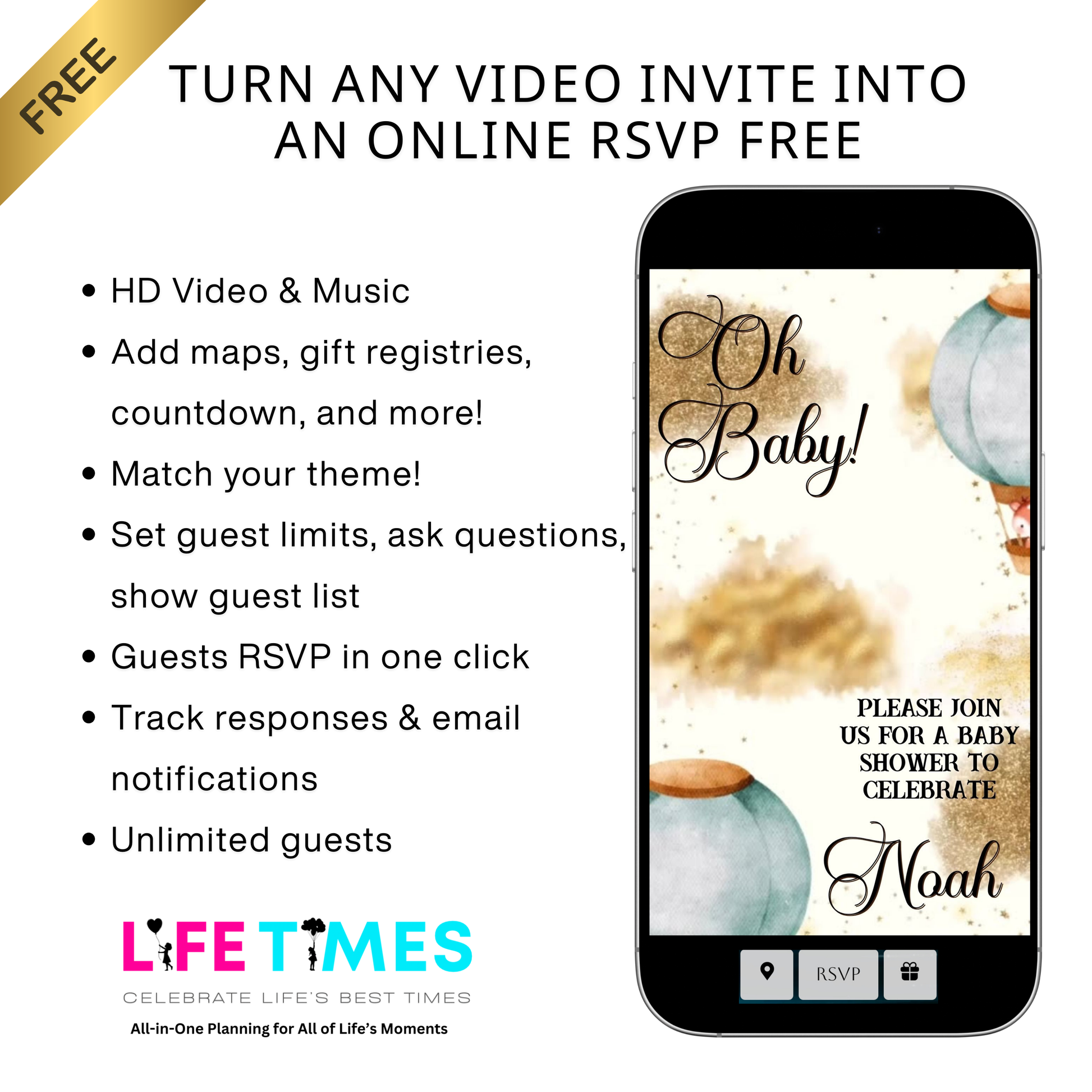 Editable woodland hot air balloon baby shower baby shower video invitation displayed on a mobile phone, featuring an animated vertical digital invite with music, created in Canva. This premium video invitation template is designed for sharing by text, email, and social media and works with an interactive RSVP website for easy guest response tracking.