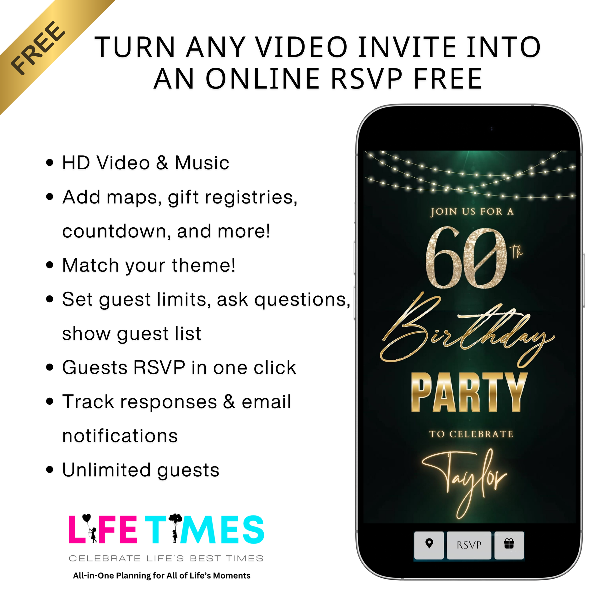 Editable dark emerald gold 60th birthday birthday video invitation displayed on a mobile phone, featuring an animated vertical digital invite with music, created in Canva. This premium video invitation template is designed for sharing by text, email, and social media and works with an interactive RSVP website for easy guest response tracking.
