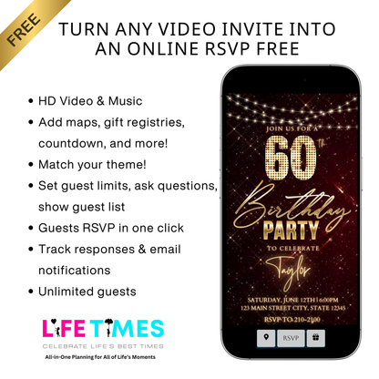 Editable maroon gold sparkle 60th birthday birthday video invitation displayed on a mobile phone, featuring an animated vertical digital invite with music, created in Canva. This premium video invitation template is designed for sharing by text, email, and social media and works with an interactive RSVP website for easy guest response tracking.