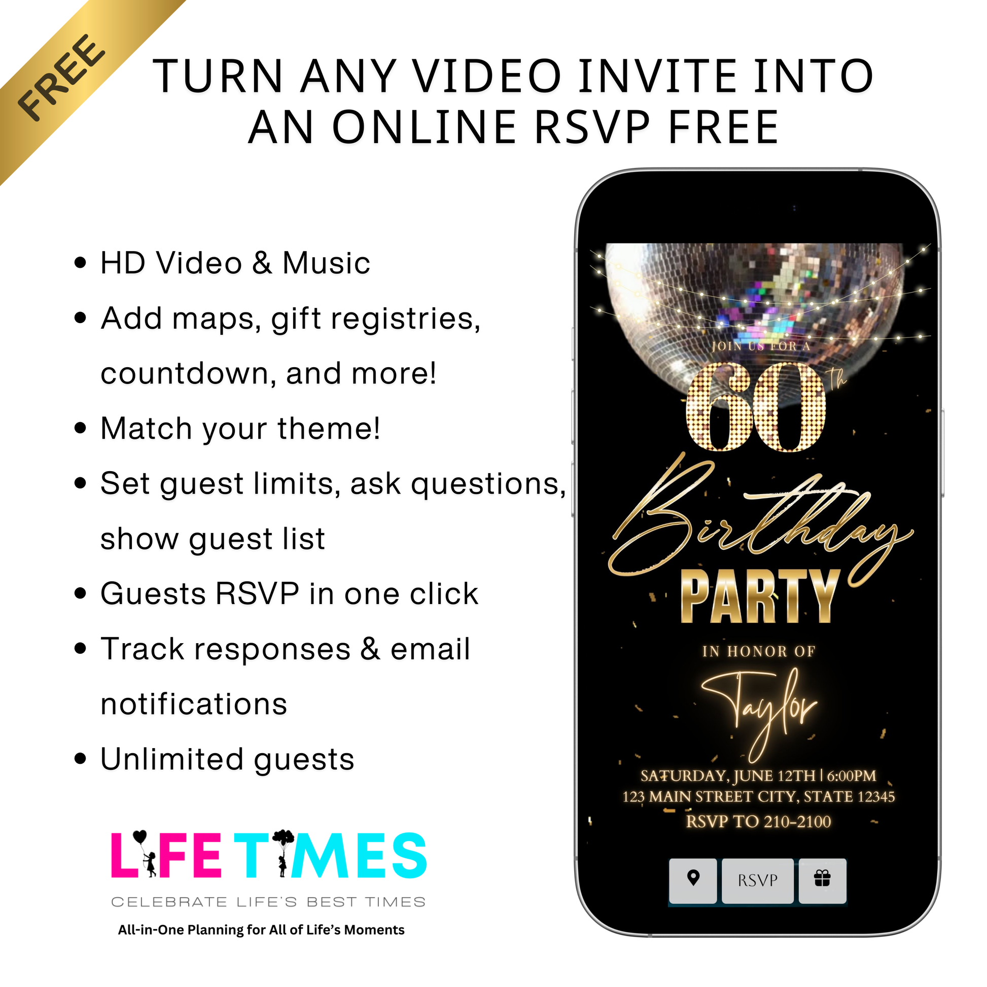 Editable black gold disco 60th birthday birthday video invitation displayed on a mobile phone, featuring an animated vertical digital invite with music, created in Canva. This premium video invitation template is designed for sharing by text, email, and social media and works with an interactive RSVP website for easy guest response tracking.