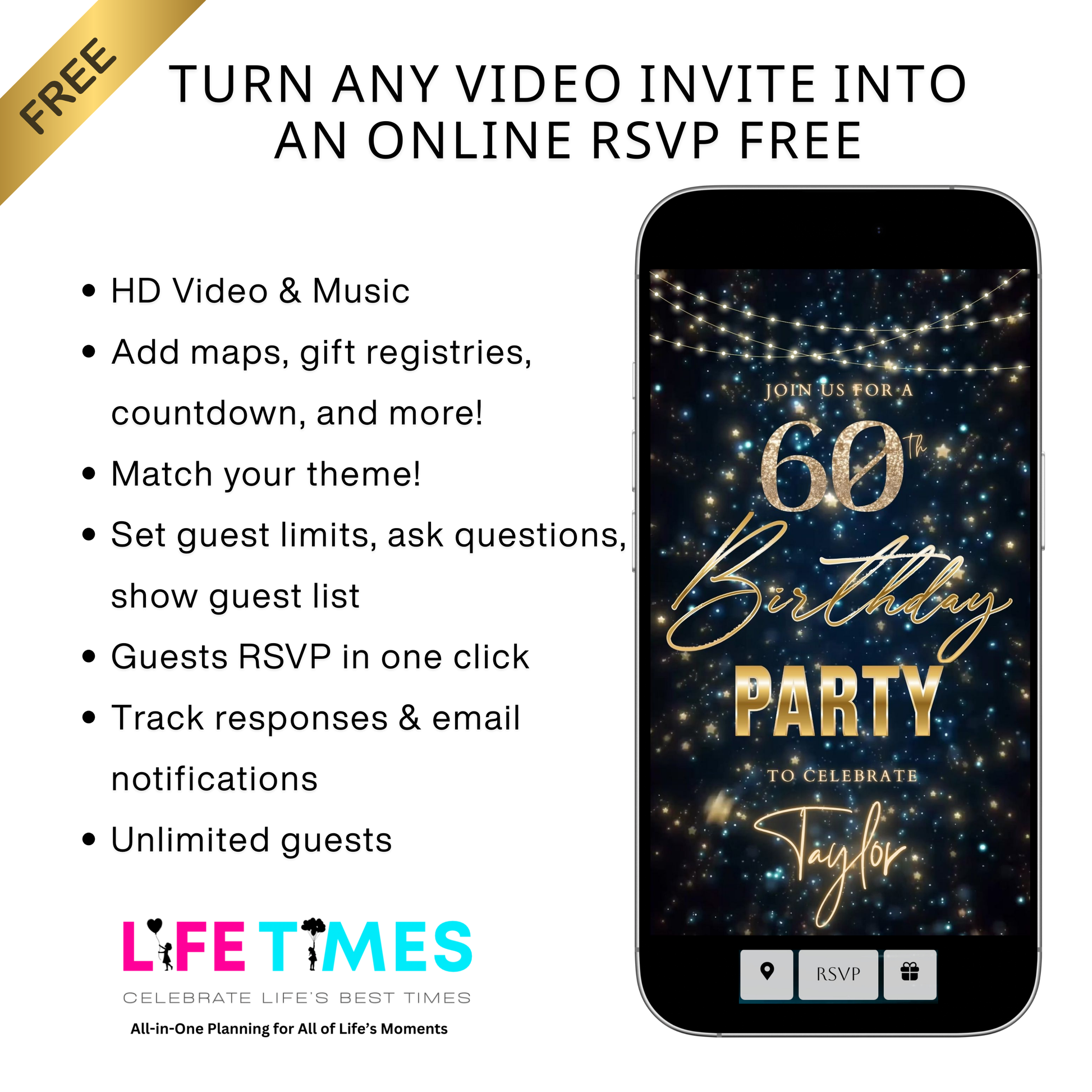 Editable teal gold star confetti 60th birthday birthday video invitation displayed on a mobile phone, featuring an animated vertical digital invite with music, created in Canva. This premium video invitation template is designed for sharing by text, email, and social media and works with an interactive RSVP website for easy guest response tracking.