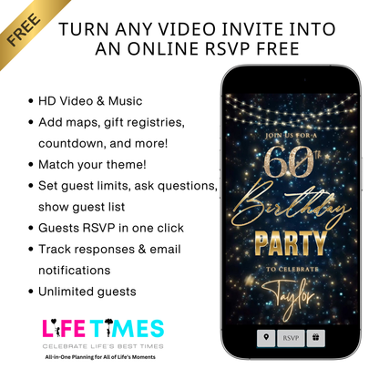 Editable teal gold star confetti 60th birthday birthday video invitation displayed on a mobile phone, featuring an animated vertical digital invite with music, created in Canva. This premium video invitation template is designed for sharing by text, email, and social media and works with an interactive RSVP website for easy guest response tracking.