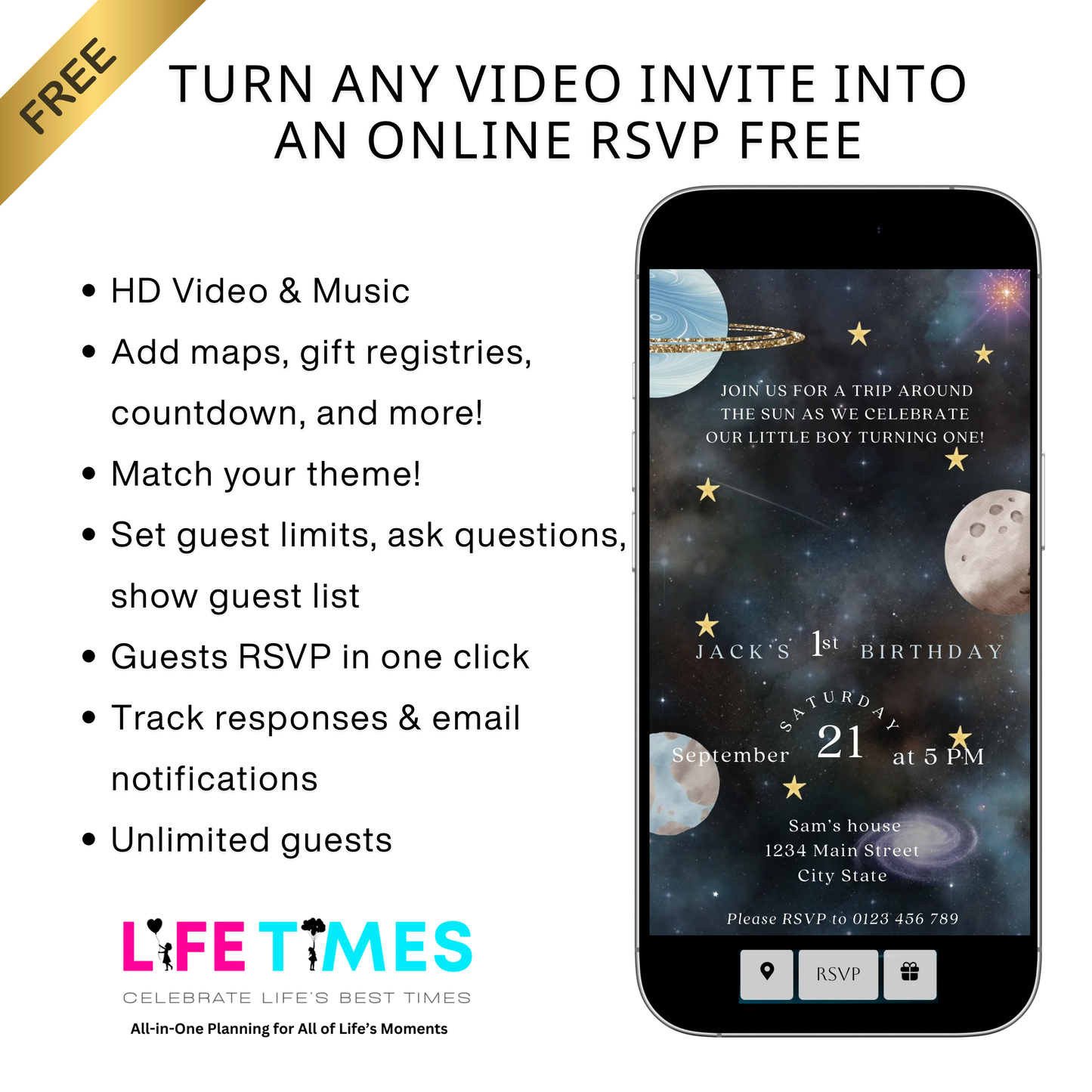 Editable space 1st birthday birthday video invitation displayed on a mobile phone, featuring an animated vertical digital invite with music, created in Canva. This premium video invitation template is designed for sharing by text, email, and social media and works with an interactive RSVP website for easy guest response tracking.
