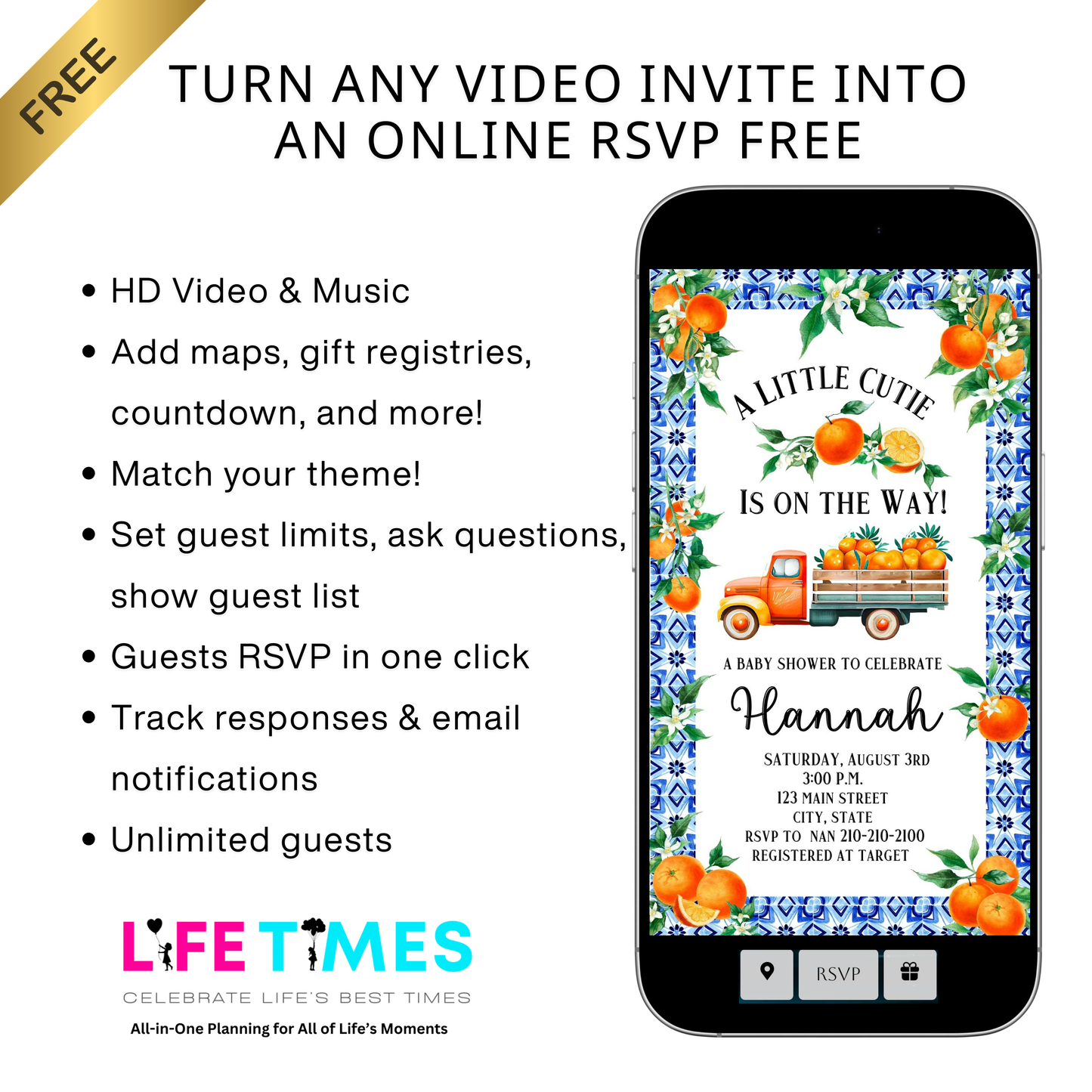 Editable little cutie lemon baby shower baby shower video invitation displayed on a mobile phone, featuring an animated vertical digital invite with music, created in Canva. This premium video invitation template is designed for sharing by text, email, and social media and works with an interactive RSVP website for easy guest response tracking.