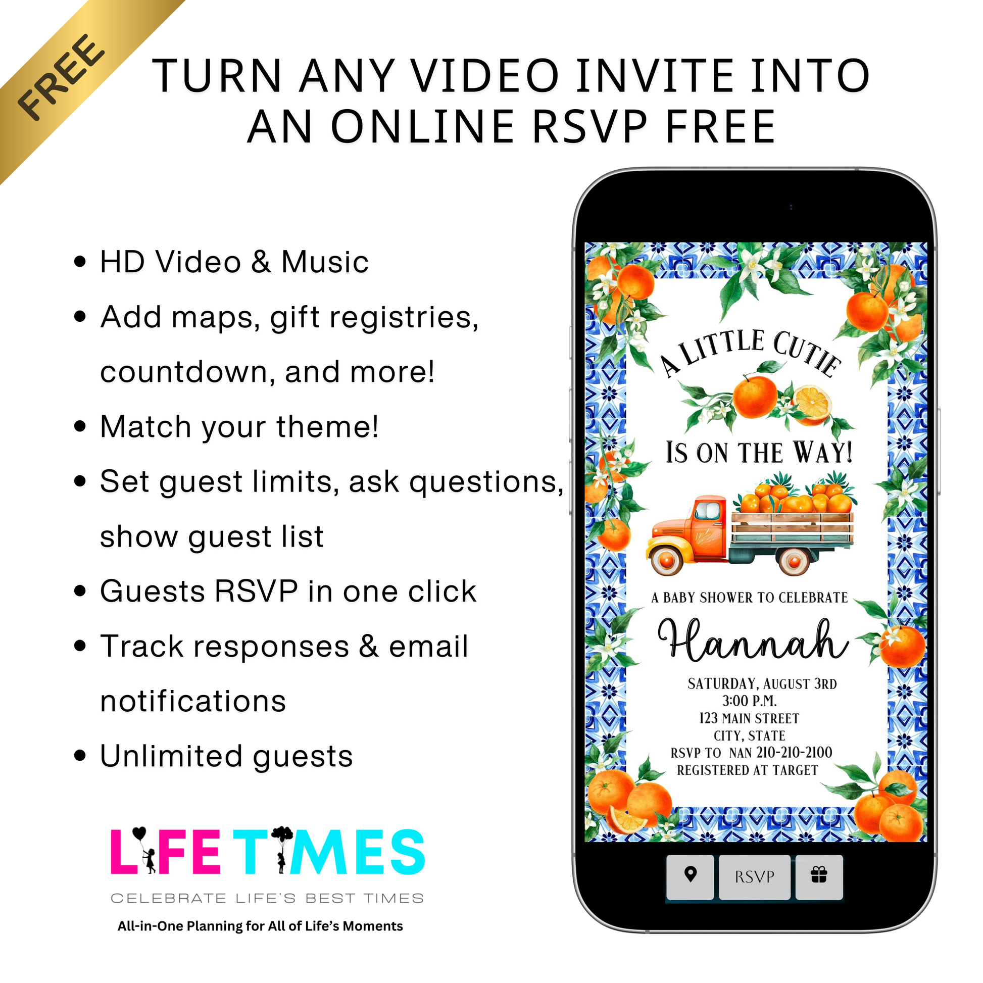 Editable little cutie lemon baby shower baby shower video invitation displayed on a mobile phone, featuring an animated vertical digital invite with music, created in Canva. This premium video invitation template is designed for sharing by text, email, and social media and works with an interactive RSVP website for easy guest response tracking.