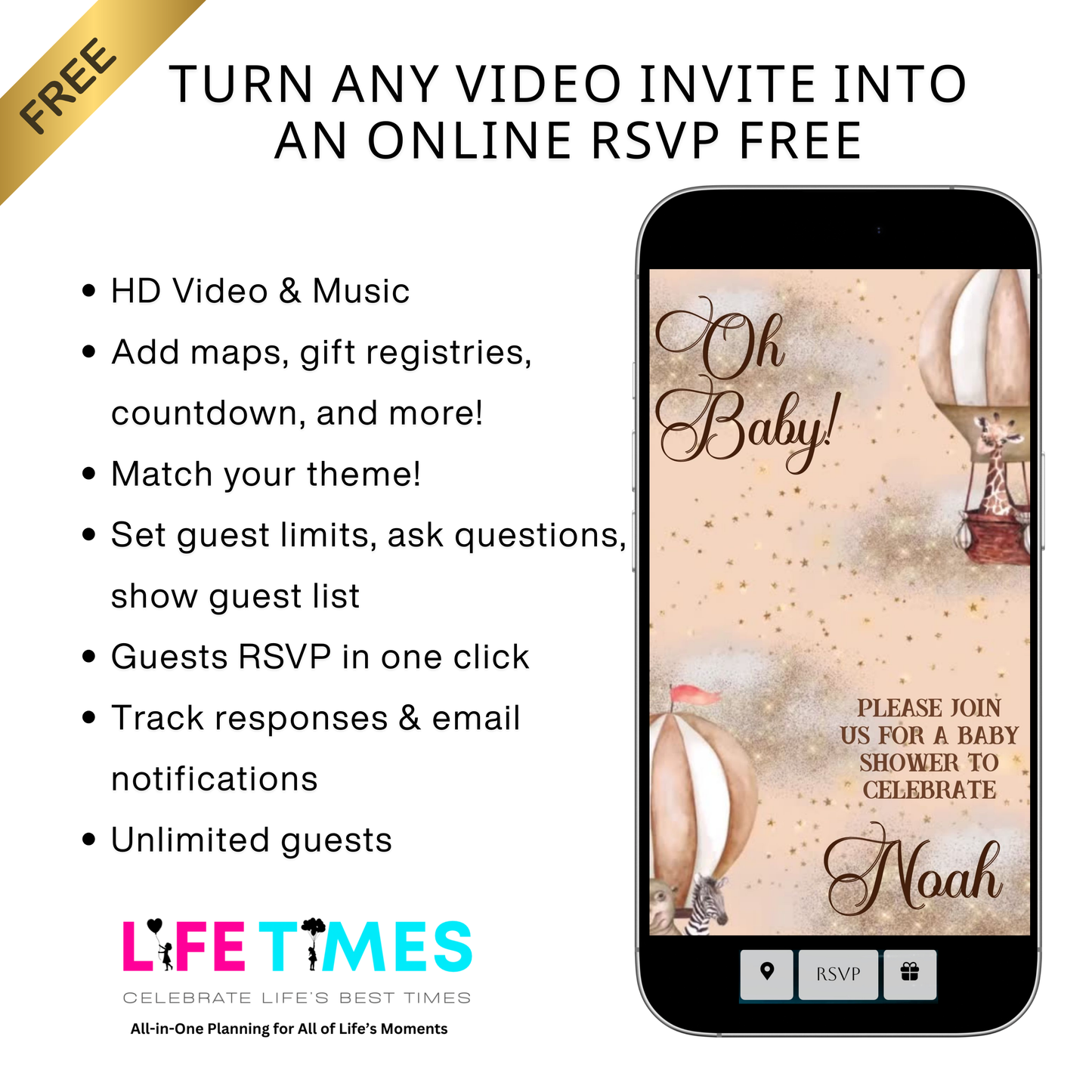 Editable noah’s ark baby shower baby shower video invitation displayed on a mobile phone, featuring an animated vertical digital invite with music, created in Canva. This premium video invitation template is designed for sharing by text, email, and social media and works with an interactive RSVP website for easy guest response tracking.