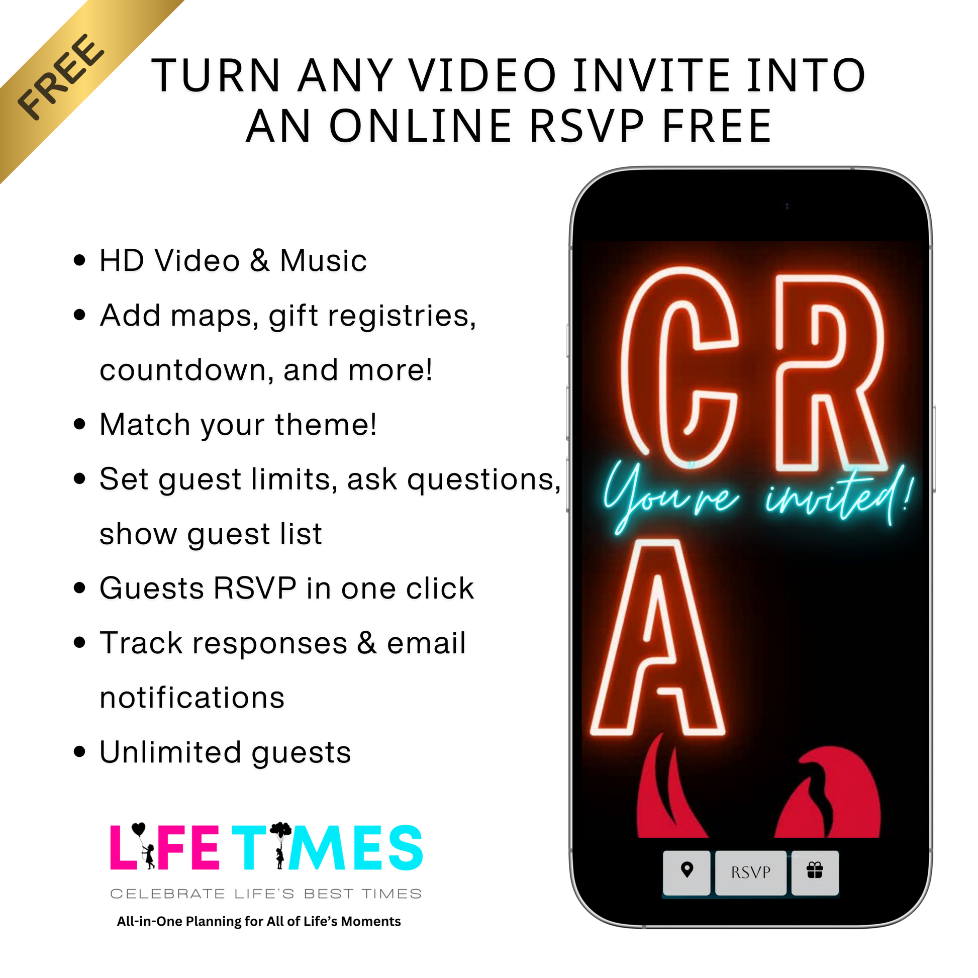 Editable crawfish boil party party video invitation displayed on a mobile phone, featuring an animated vertical digital invite with music, created in Canva. This premium video invitation template is designed for sharing by text, email, and social media and works with an interactive RSVP website for easy guest response tracking.
