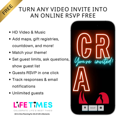 Editable crawfish boil party party video invitation displayed on a mobile phone, featuring an animated vertical digital invite with music, created in Canva. This premium video invitation template is designed for sharing by text, email, and social media and works with an interactive RSVP website for easy guest response tracking.