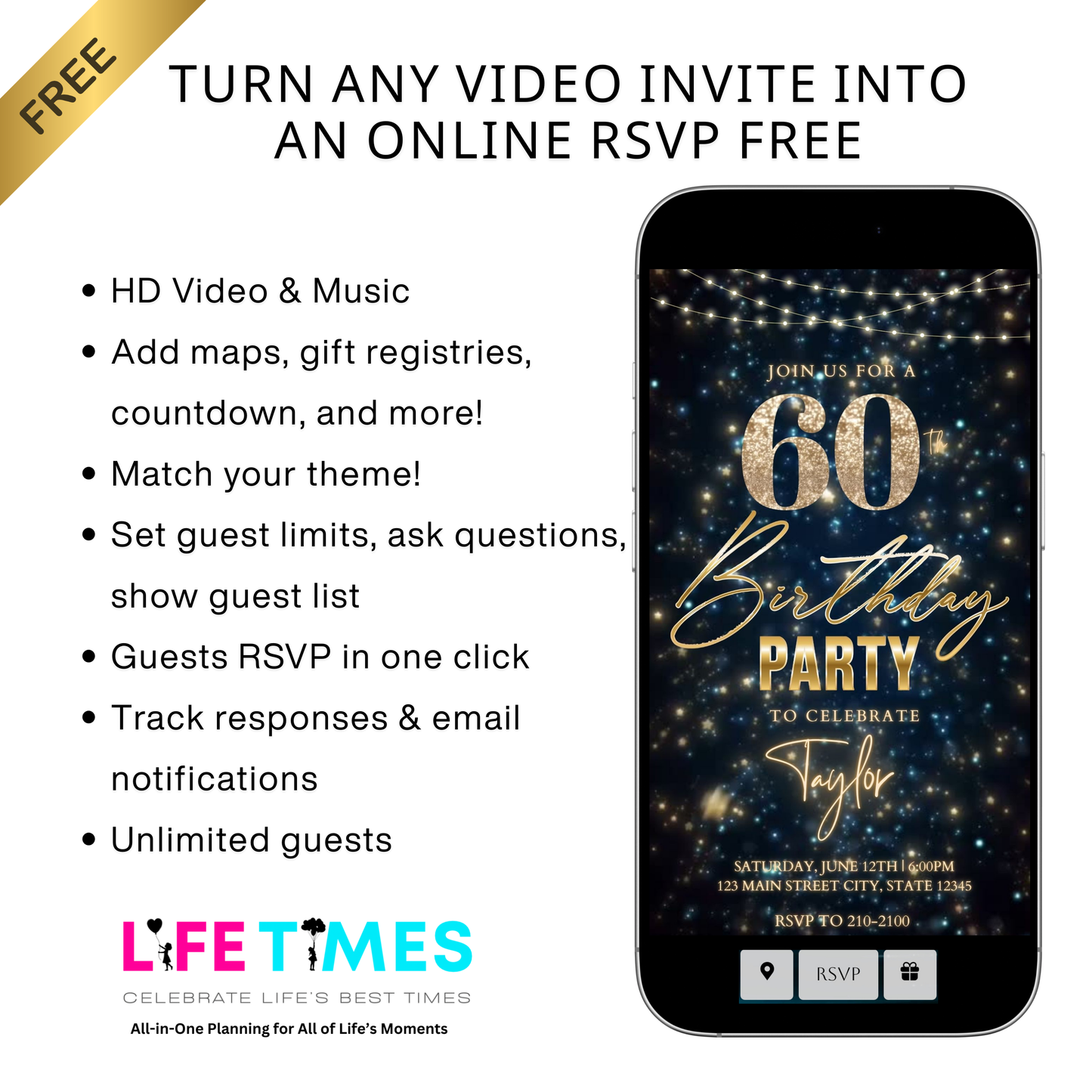 Editable teal gold sparkle 60th birthday birthday video invitation displayed on a mobile phone, featuring an animated vertical digital invite with music, created in Canva. This premium video invitation template is designed for sharing by text, email, and social media and works with an interactive RSVP website for easy guest response tracking.
