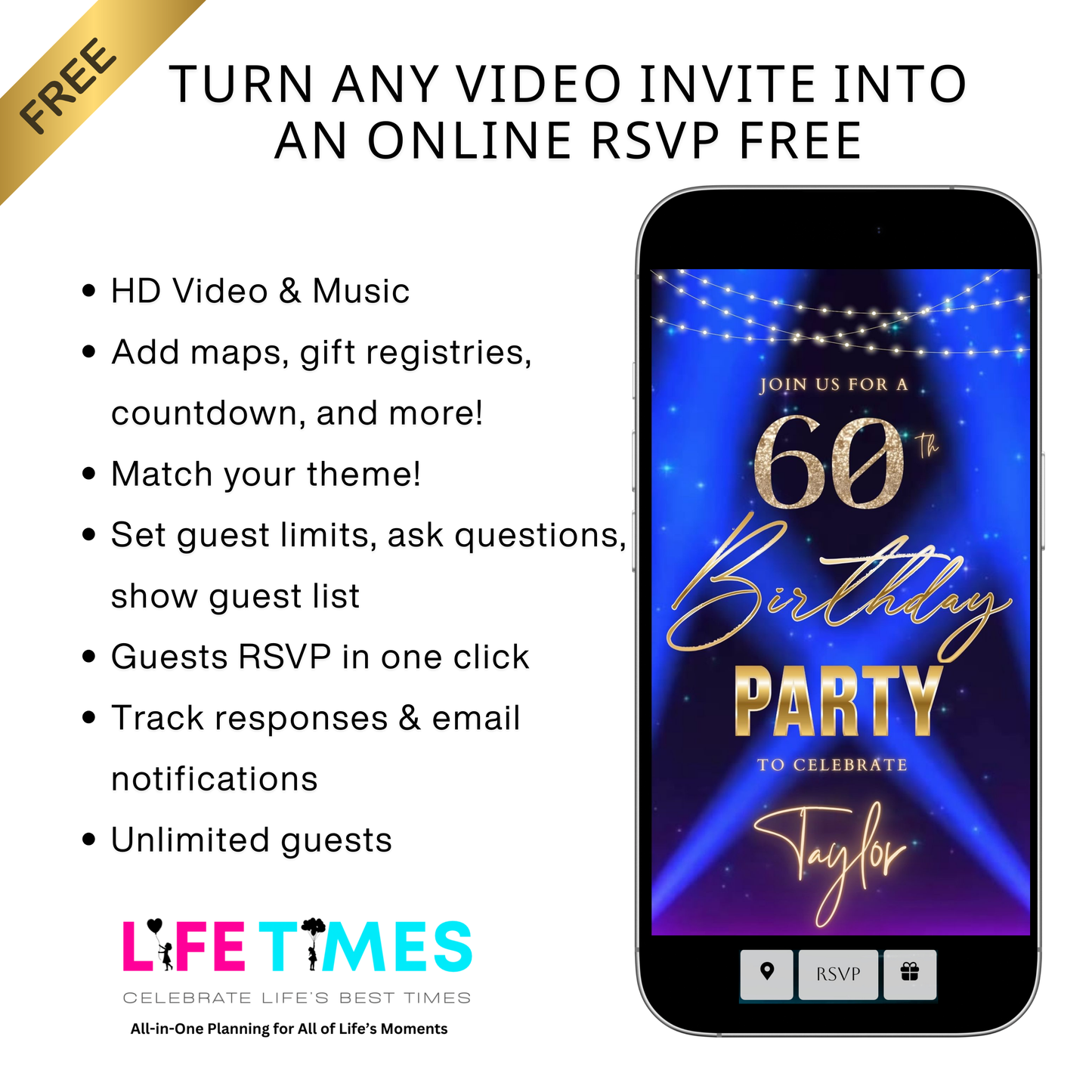 Editable blue purple spotlight 60th birthday birthday video invitation displayed on a mobile phone, featuring an animated vertical digital invite with music, created in Canva. This premium video invitation template is designed for sharing by text, email, and social media and works with an interactive RSVP website for easy guest response tracking.