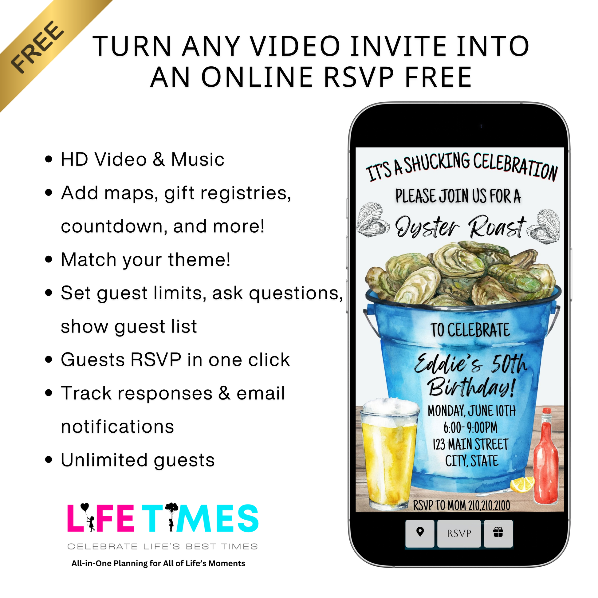 Editable oyster roast birthday party birthday video invitation displayed on a mobile phone, featuring an animated vertical digital invite with music, created in Canva. This premium video invitation template is designed for sharing by text, email, and social media and works with an interactive RSVP website for easy guest response tracking.